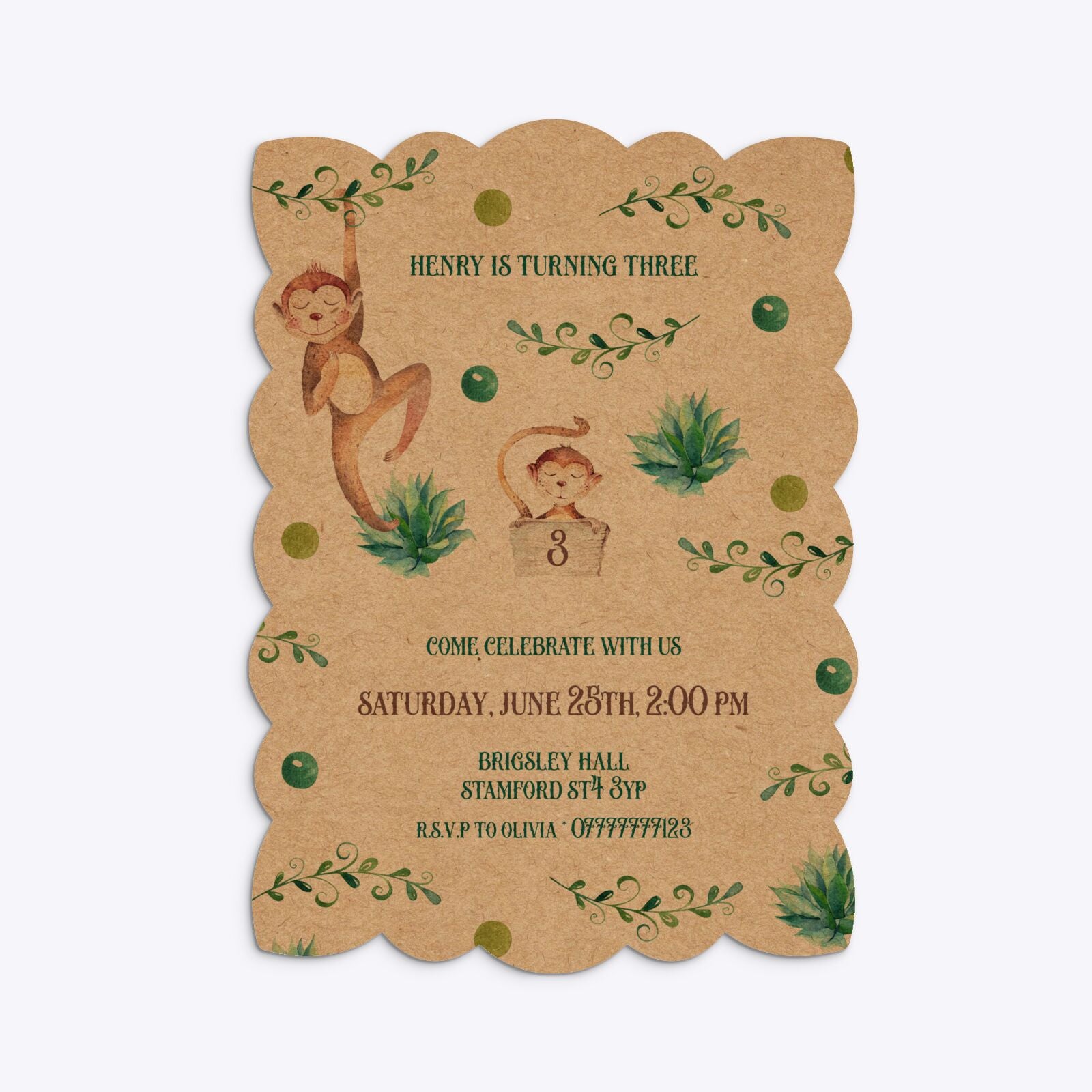 Monkey Personalised Happy Birthday Petal Invitation Kraft
