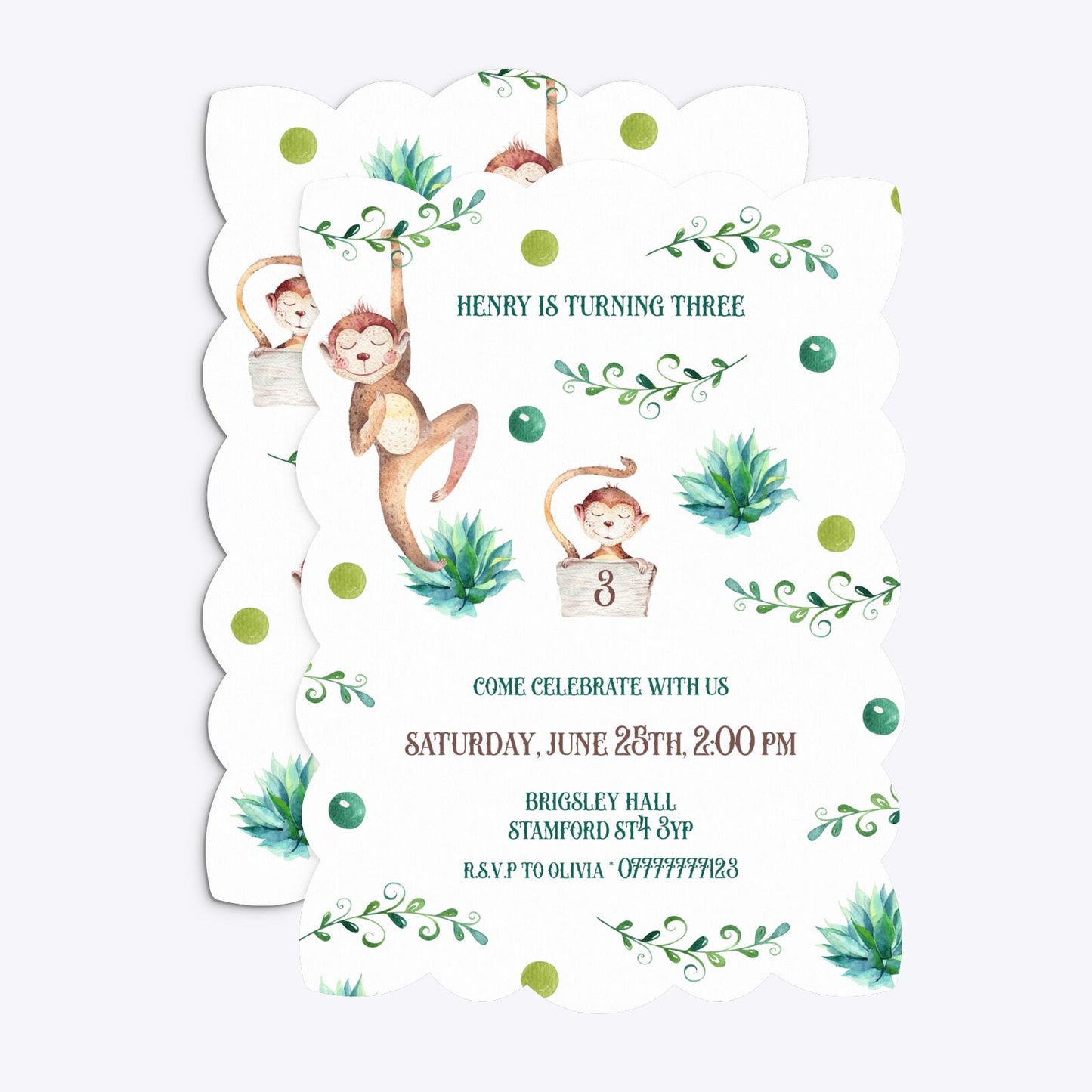 Monkey Personalised Happy Birthday Petal Invitation Matte Paper Front and Back Image