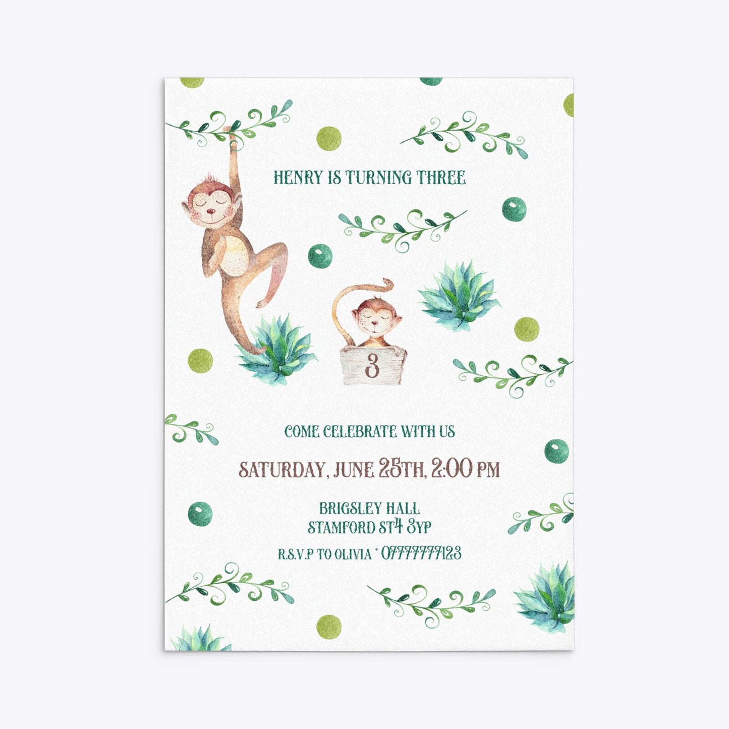 Monkey Personalised Happy Birthday Rectangle Invitation Glitter
