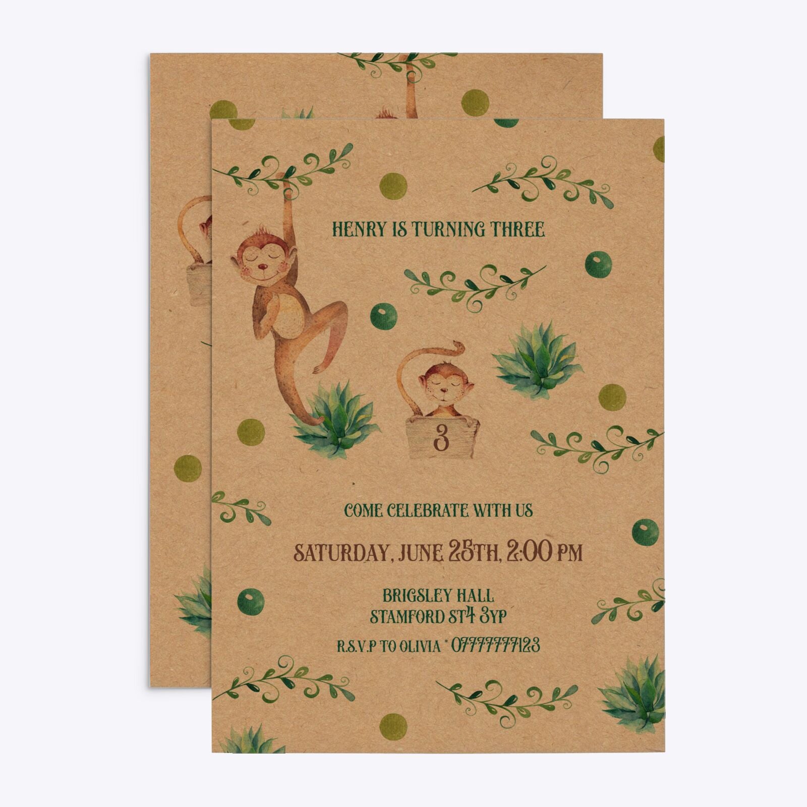 Monkey Personalised Happy Birthday Rectangle Invitation Kraft Front and Back Image