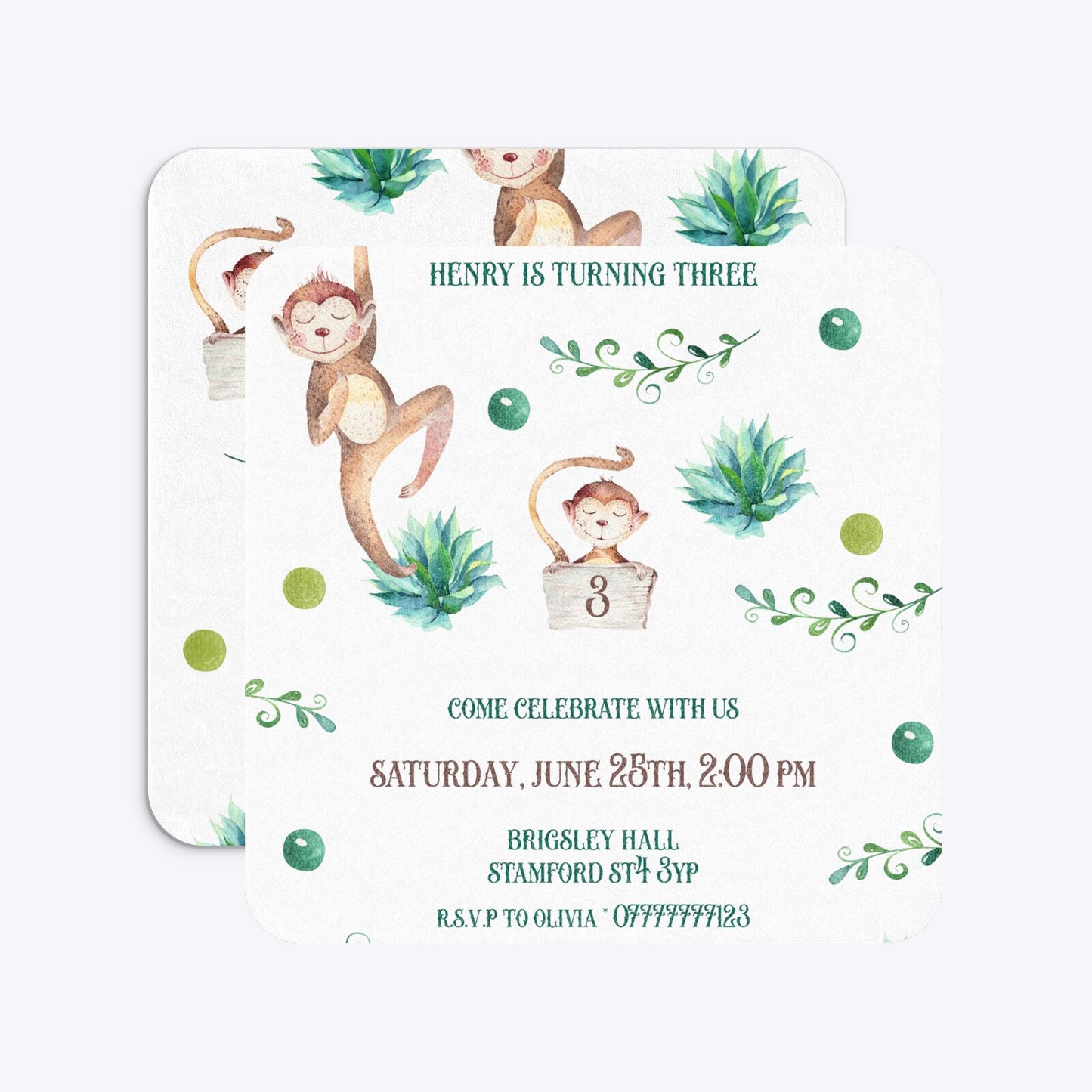 Monkey Personalised Happy Birthday Rounded 5 25x5 25 Invitation Glitter Front and Back Image