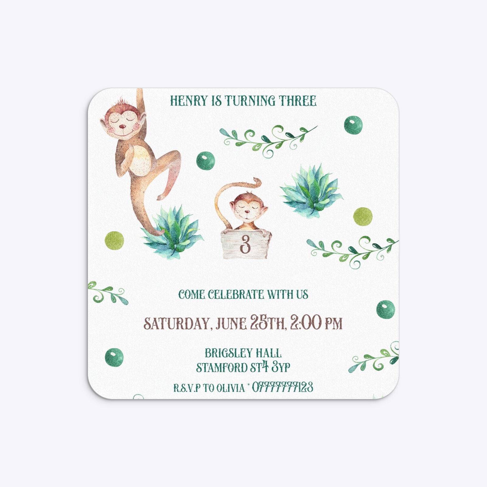 Monkey Personalised Happy Birthday Rounded 5 25x5 25 Invitation Glitter