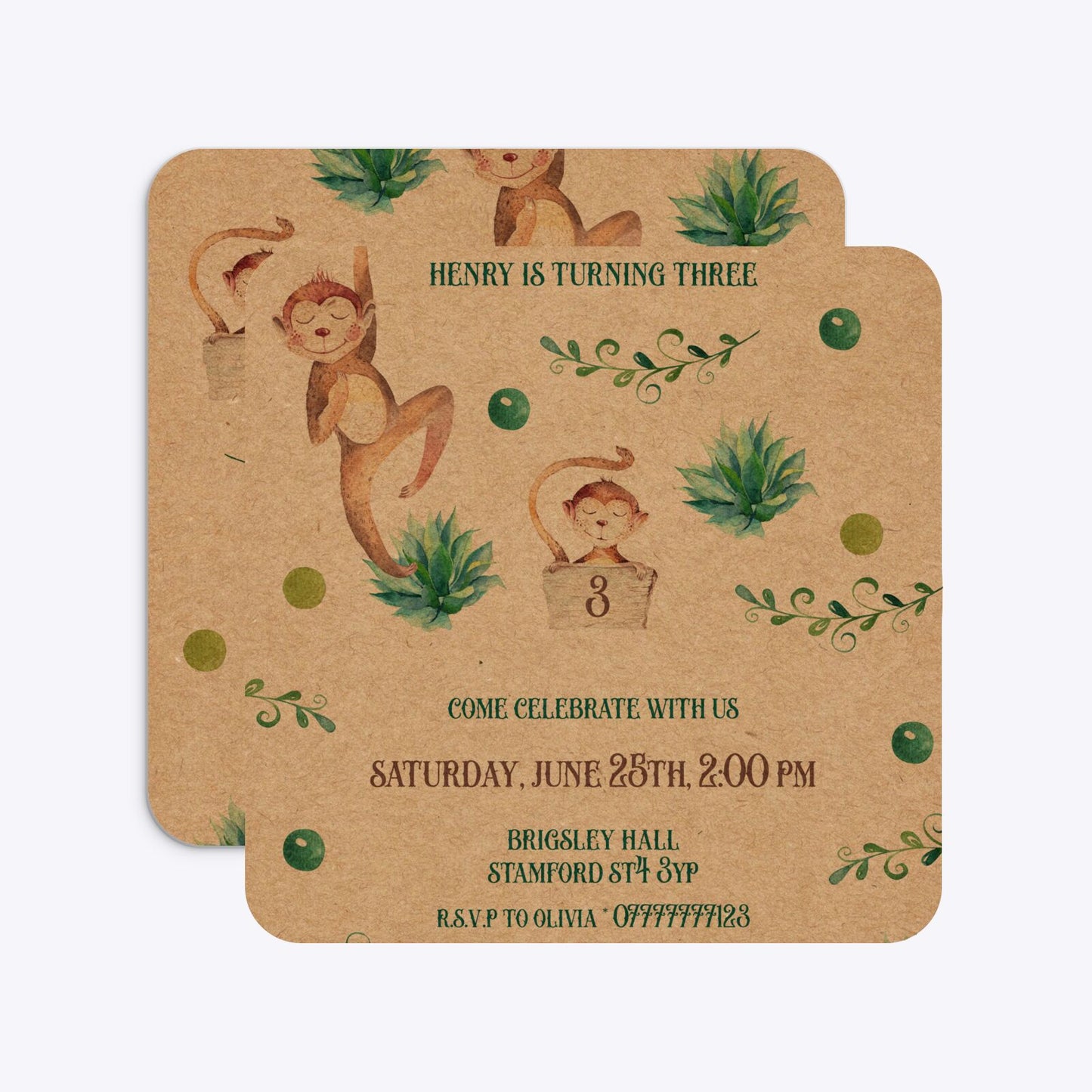 Monkey Personalised Happy Birthday Rounded 5 25x5 25 Invitation Kraft Front and Back Image