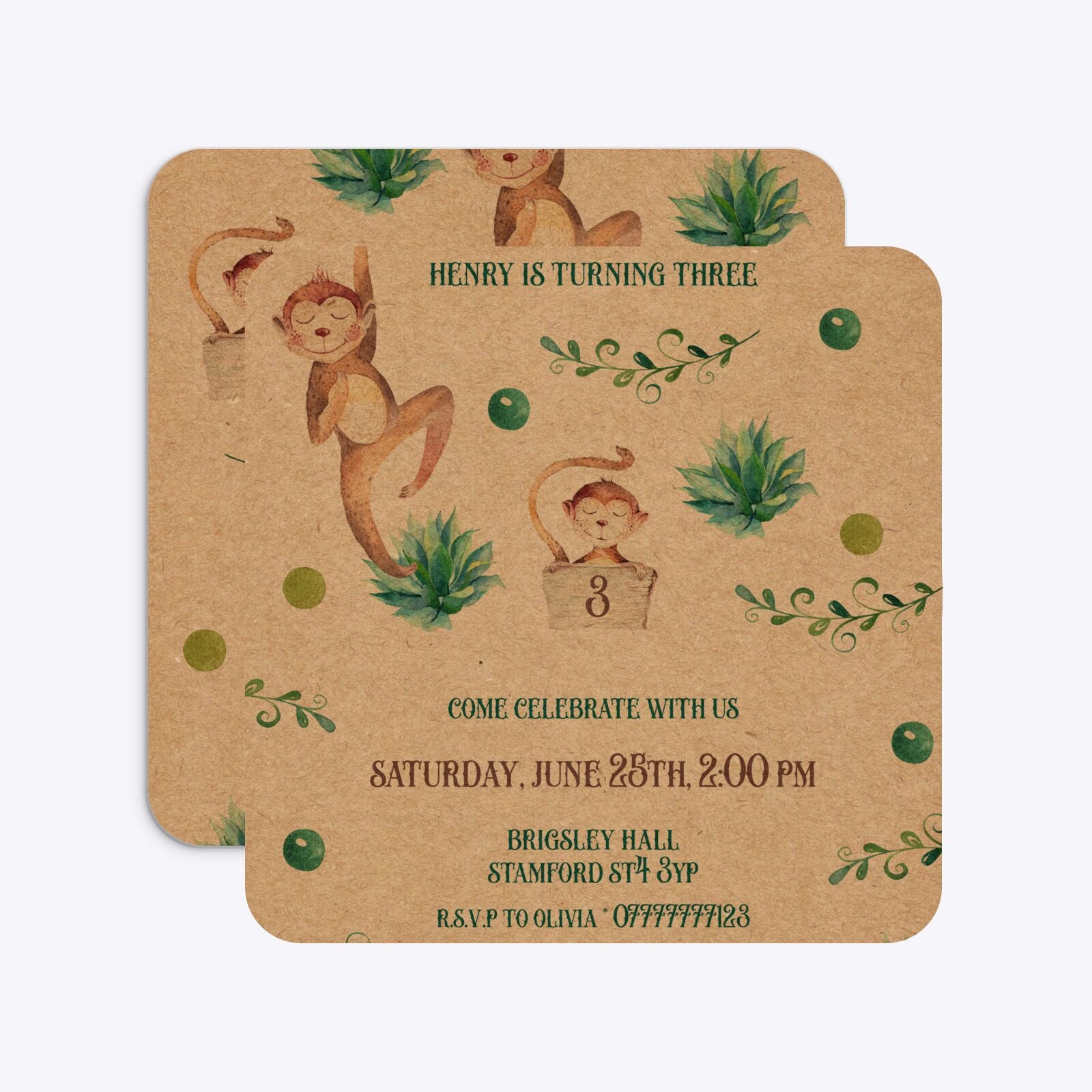 Monkey Personalised Happy Birthday Rounded 5 25x5 25 Invitation Kraft Front and Back Image