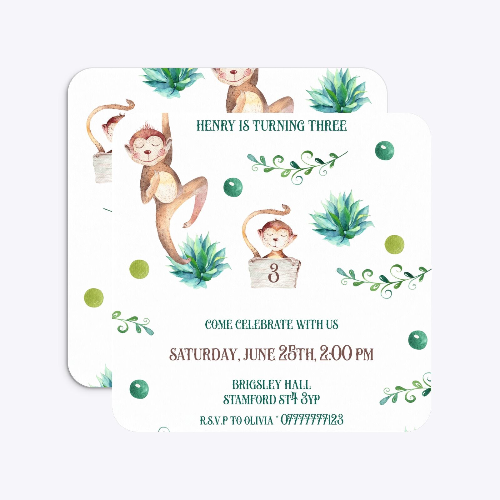 Monkey Personalised Happy Birthday Rounded 5 25x5 25 Invitation Matte Paper Front and Back Image