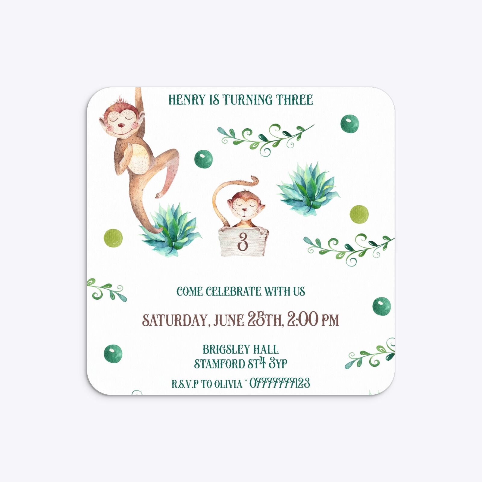 Monkey Personalised Happy Birthday Rounded 5 25x5 25 Invitation Matte Paper