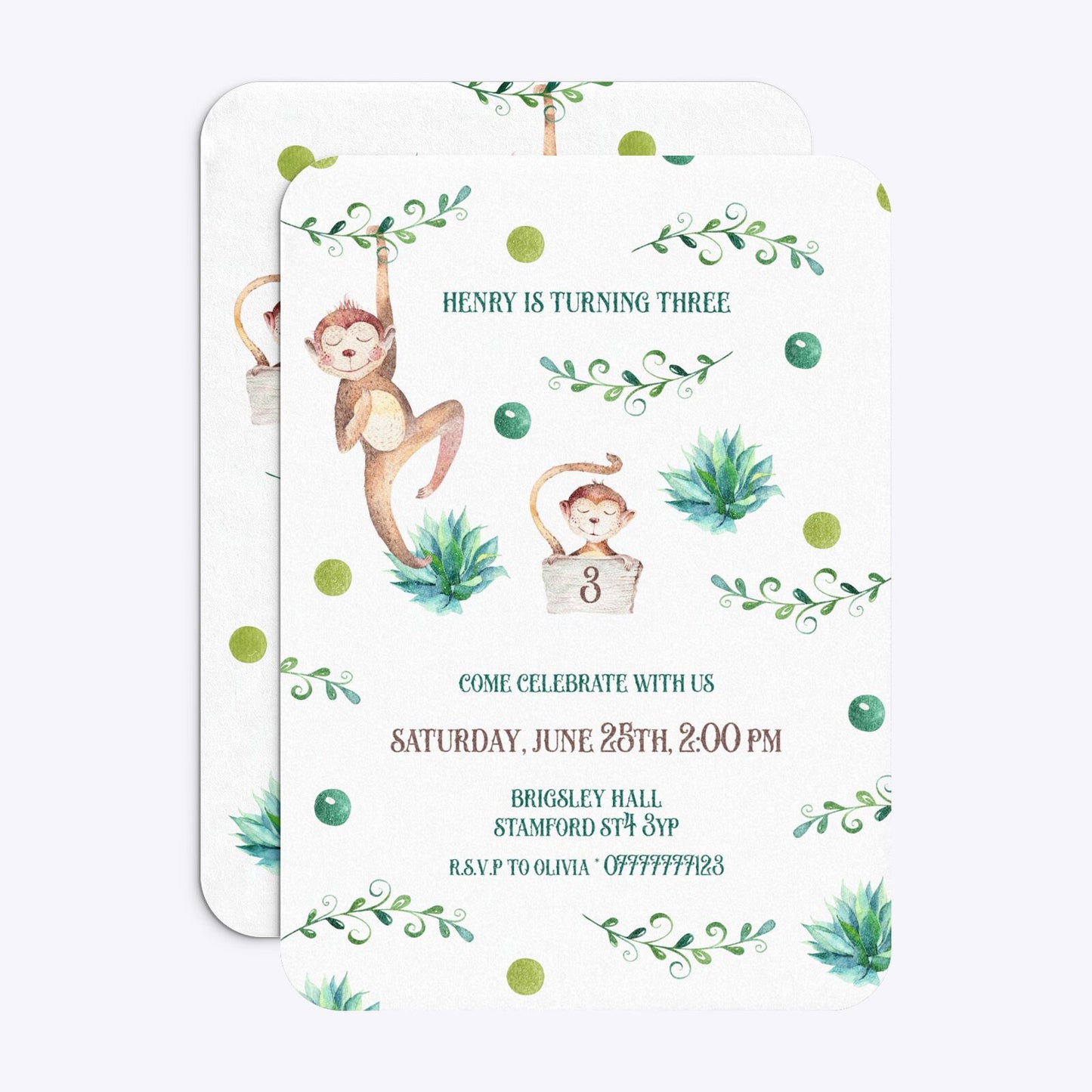 Monkey Personalised Happy Birthday Rounded Invitation Glitter Front and Back Image