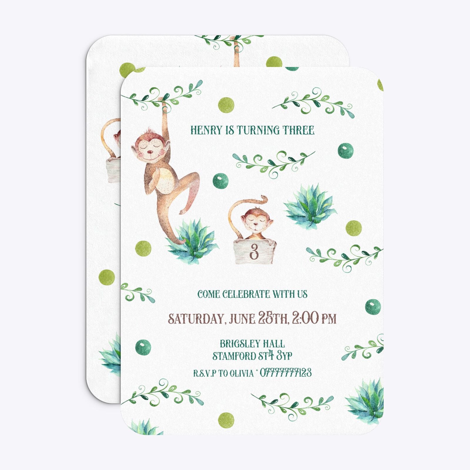 Monkey Personalised Happy Birthday Rounded Invitation Glitter Front and Back Image