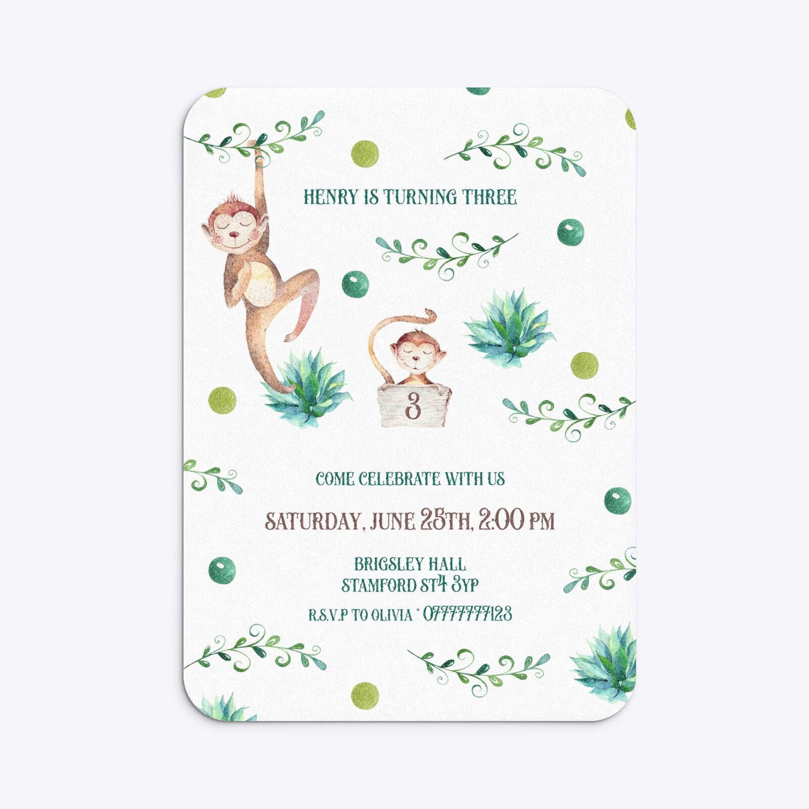 Monkey Personalised Happy Birthday Rounded Invitation Glitter