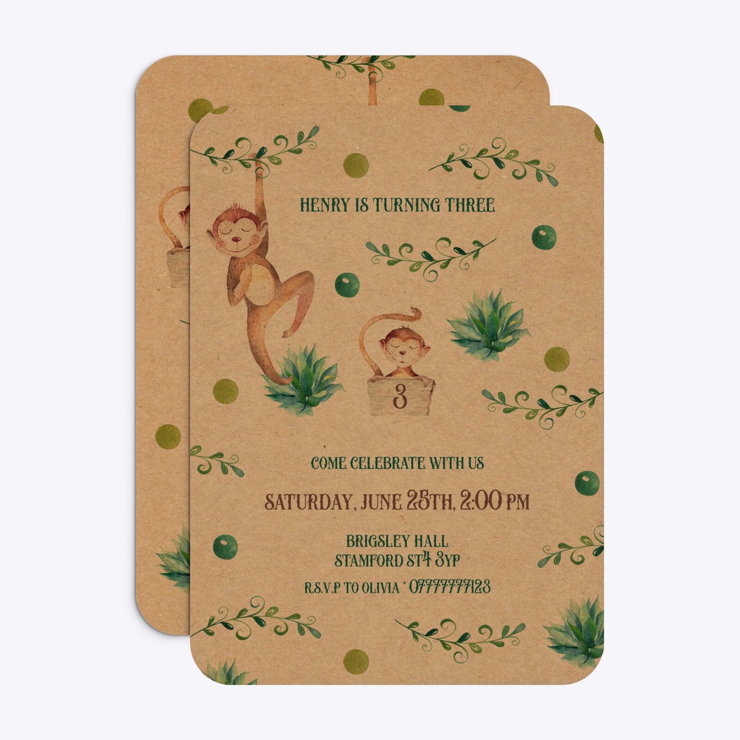 Monkey Personalised Happy Birthday Rounded Invitation Kraft Front and Back Image