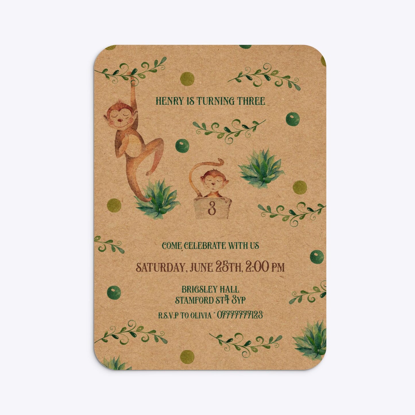 Monkey Personalised Happy Birthday Rounded Invitation Kraft