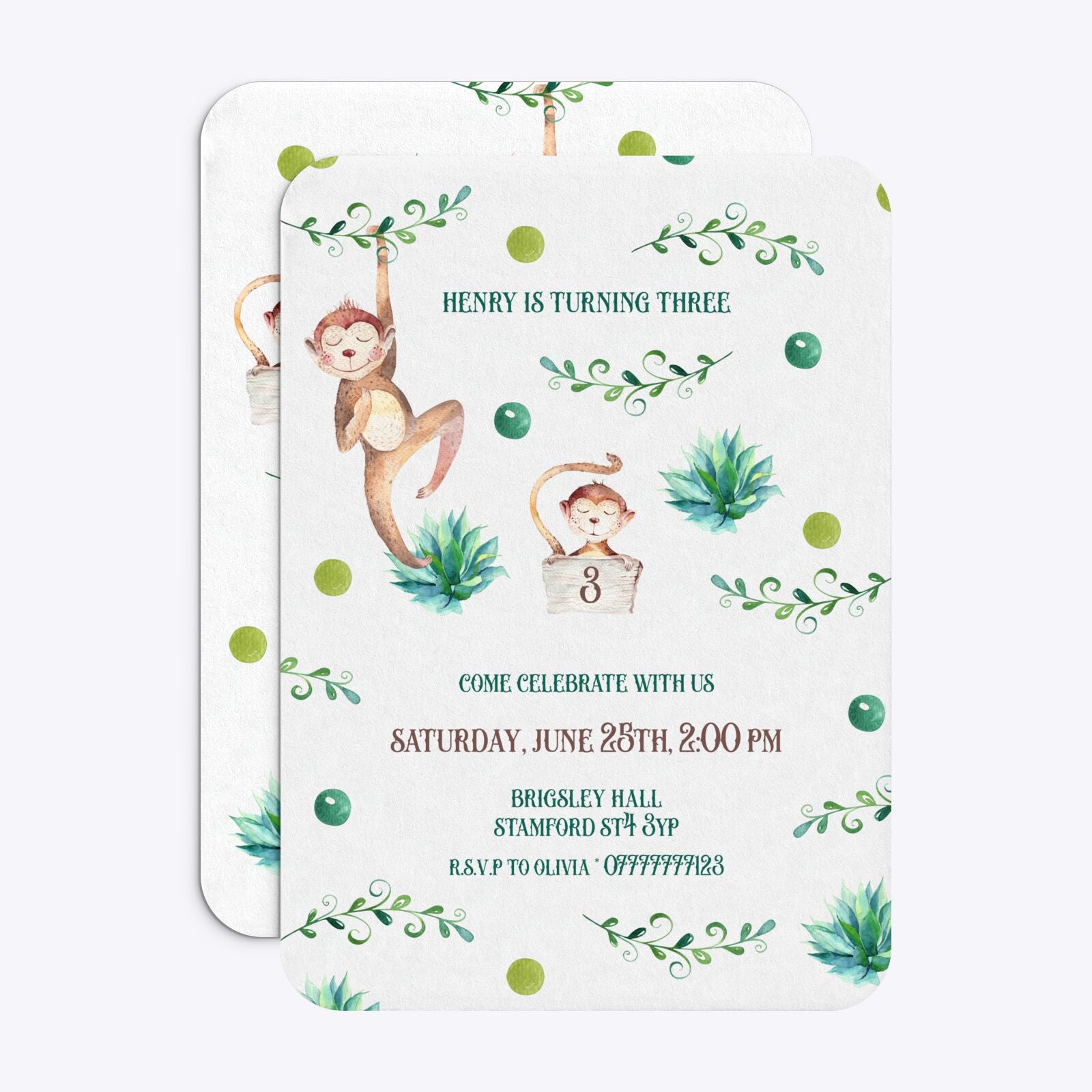 Monkey Personalised Happy Birthday Rounded Invitation Matte Paper Front and Back Image