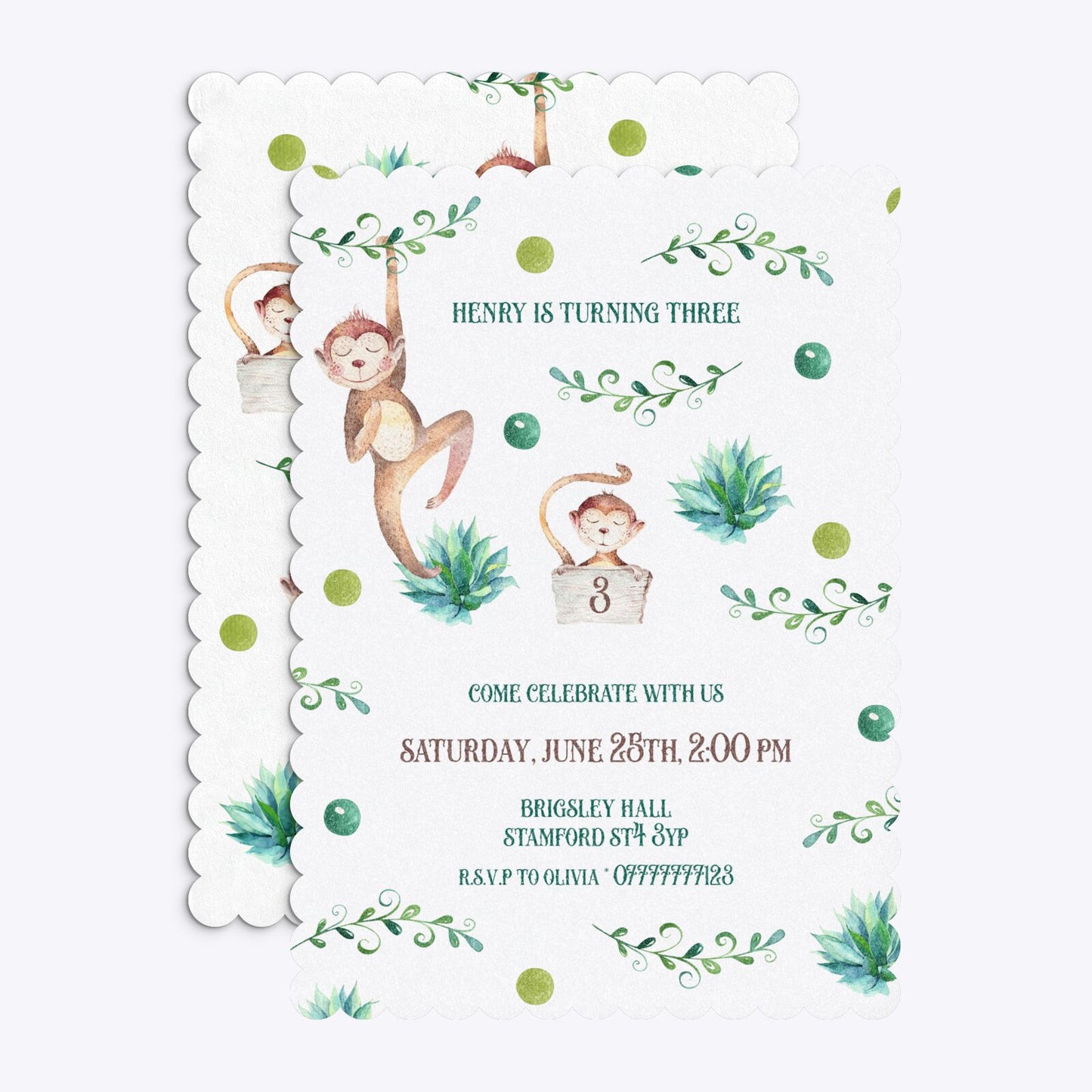 Monkey Personalised Happy Birthday Scalloped Invitation Glitter Front and Back Image