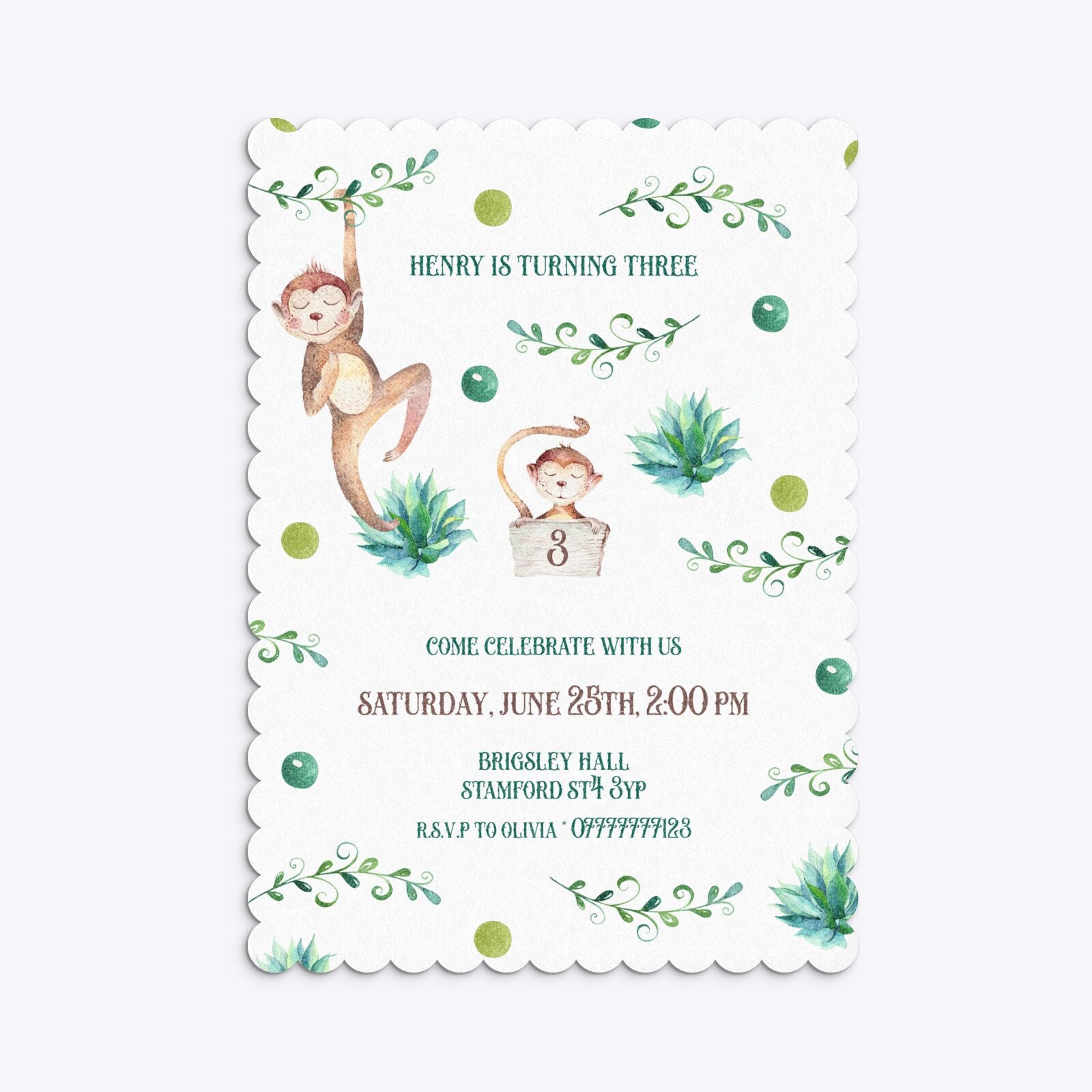 Monkey Personalised Happy Birthday Scalloped Invitation Glitter