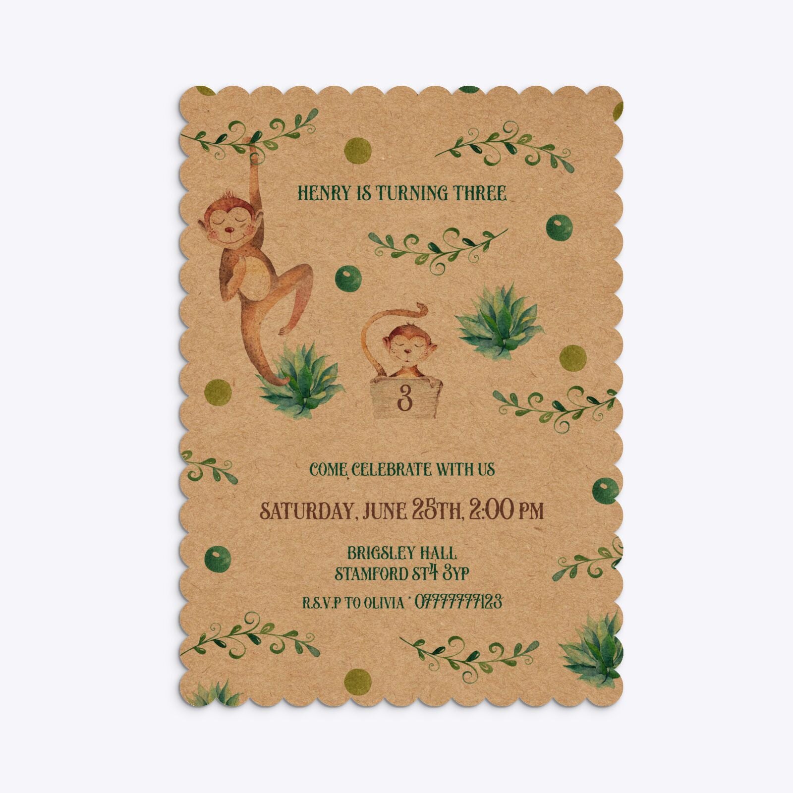 Monkey Personalised Happy Birthday Scalloped Invitation Kraft