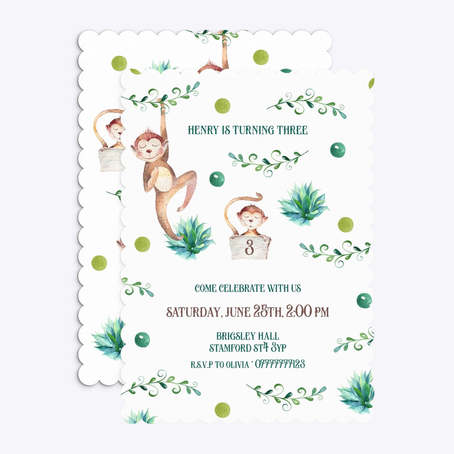 Monkey Personalised Happy Birthday Scalloped Invitation Matte Paper Front and Back Image