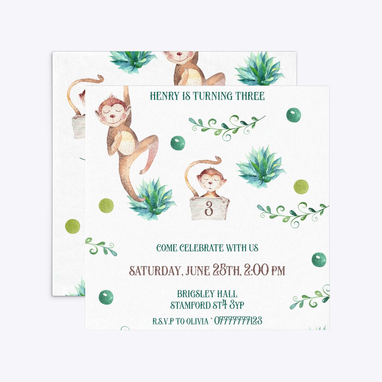 Monkey Personalised Happy Birthday Square 5 25x5 25 Invitation Glitter Front and Back Image
