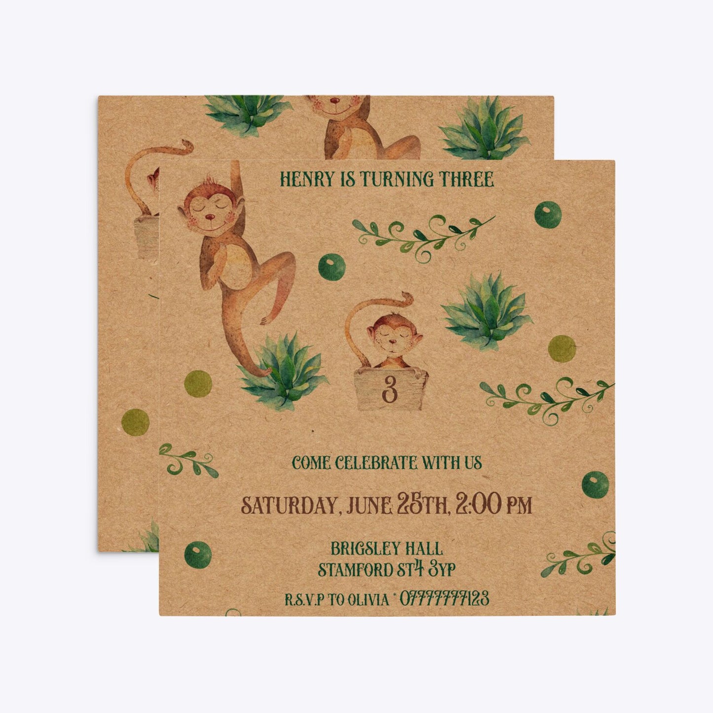 Monkey Personalised Happy Birthday Square 5 25x5 25 Invitation Kraft Front and Back Image