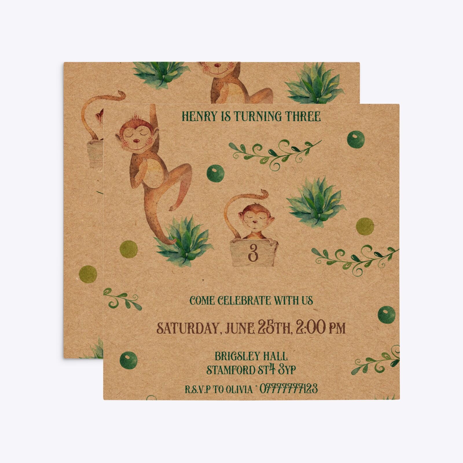 Monkey Personalised Happy Birthday Square 5 25x5 25 Invitation Kraft Front and Back Image