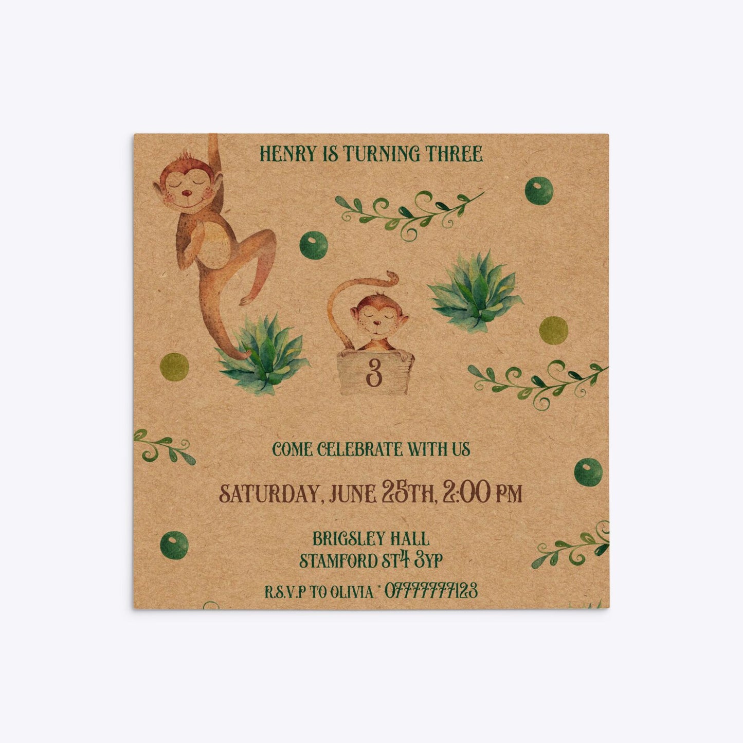 Monkey Personalised Happy Birthday Square 5 25x5 25 Invitation Kraft