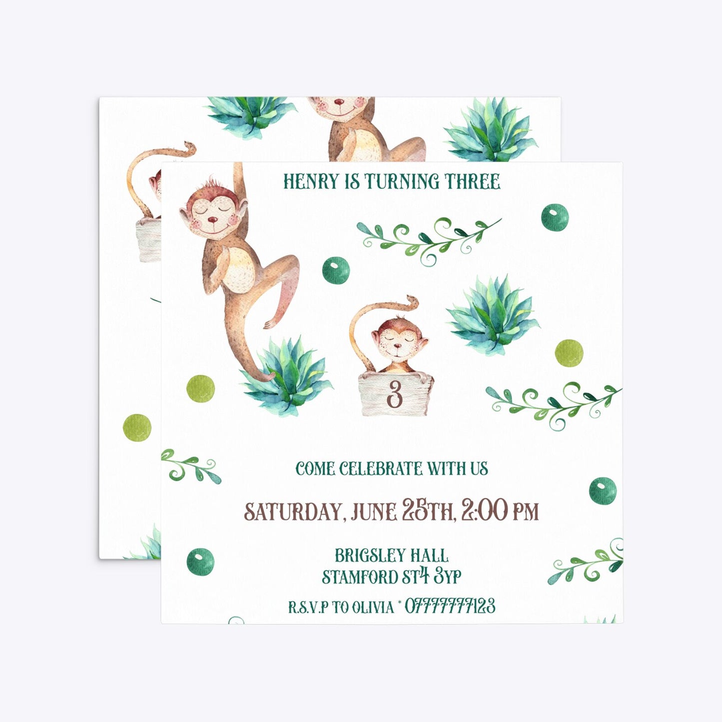 Monkey Personalised Happy Birthday Square 5 25x5 25 Invitation Matte Paper Front and Back Image