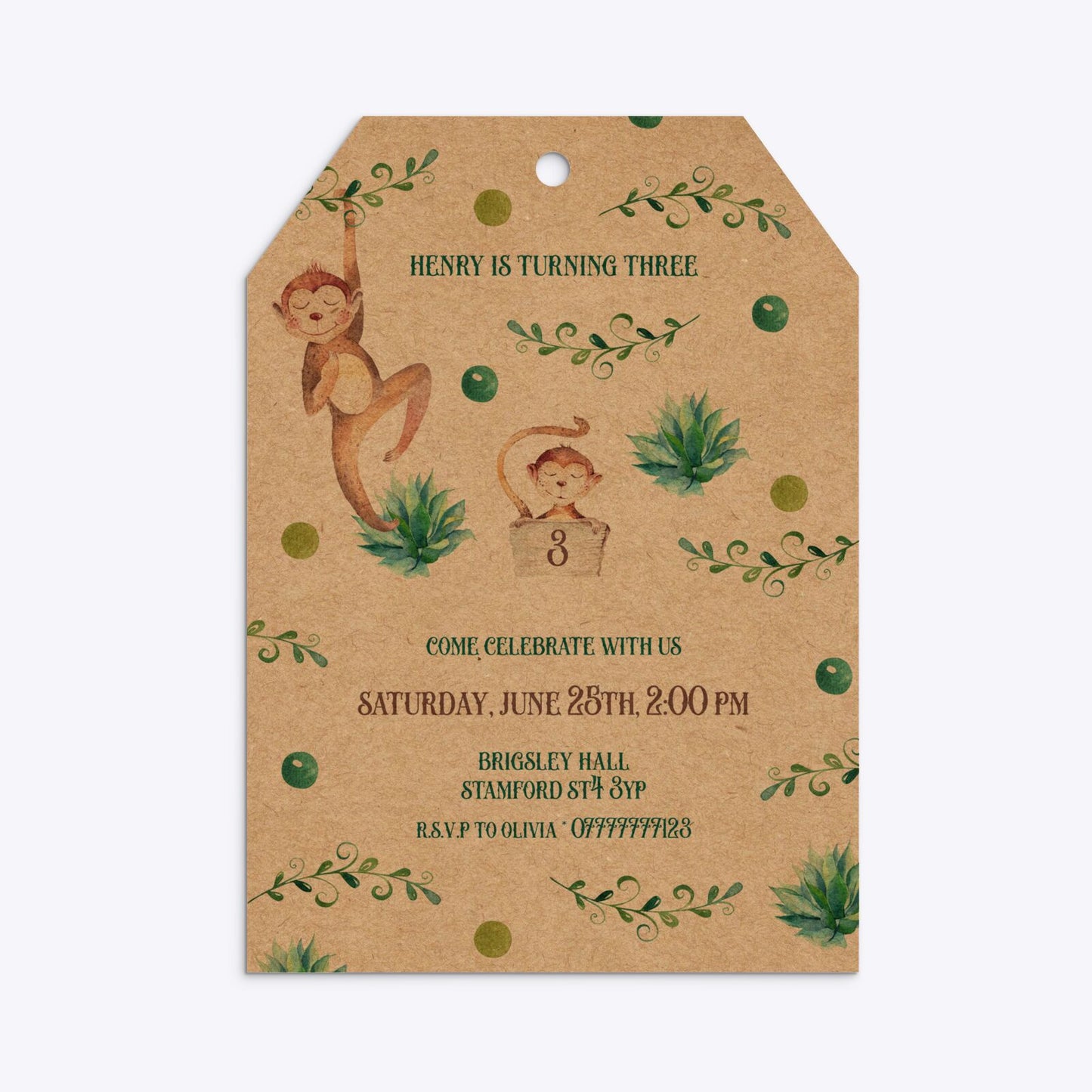 Monkey Personalised Happy Birthday Tag Invitation Kraft