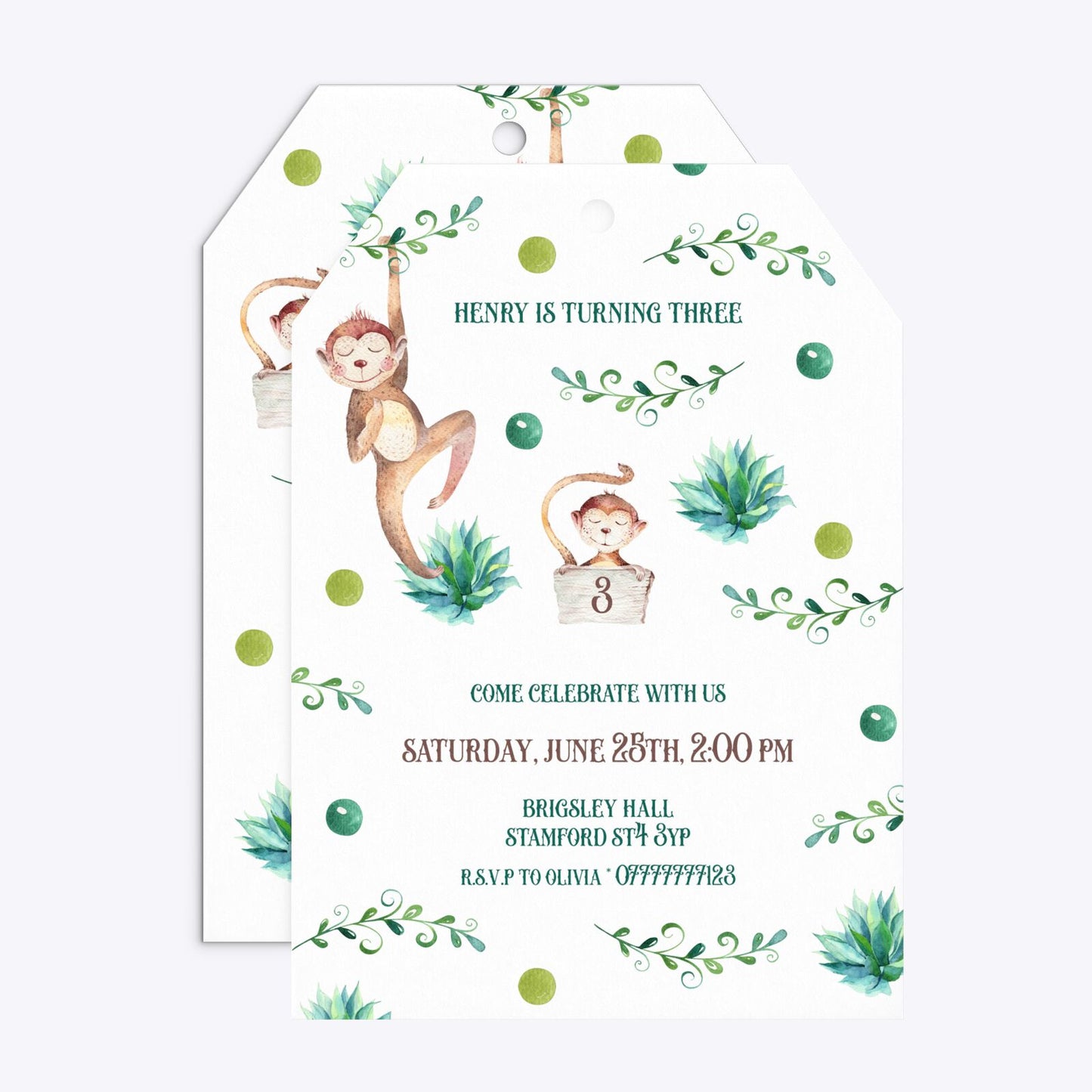 Monkey Personalised Happy Birthday Tag Invitation Matte Paper Front and Back Image