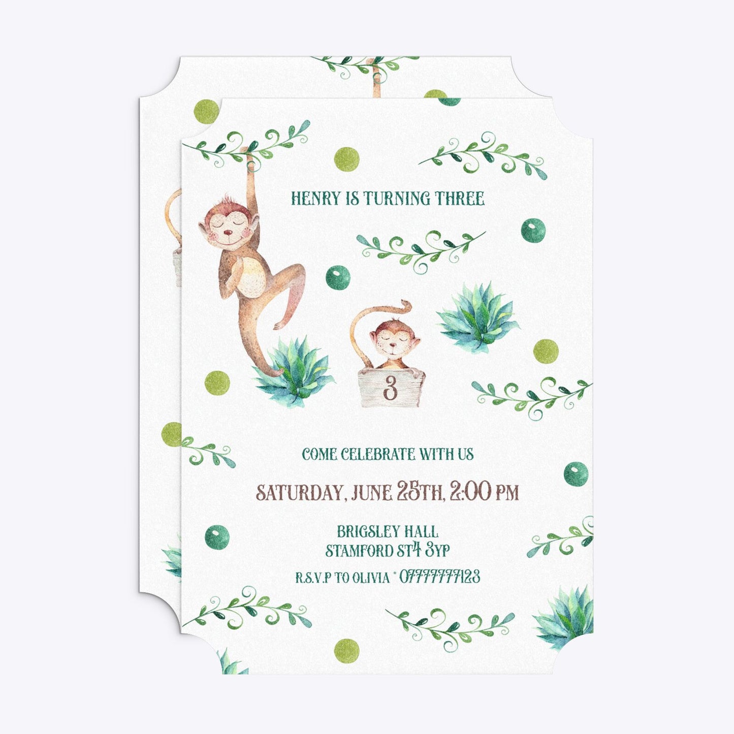Monkey Personalised Happy Birthday Ticket Invitation Glitter Front and Back Image
