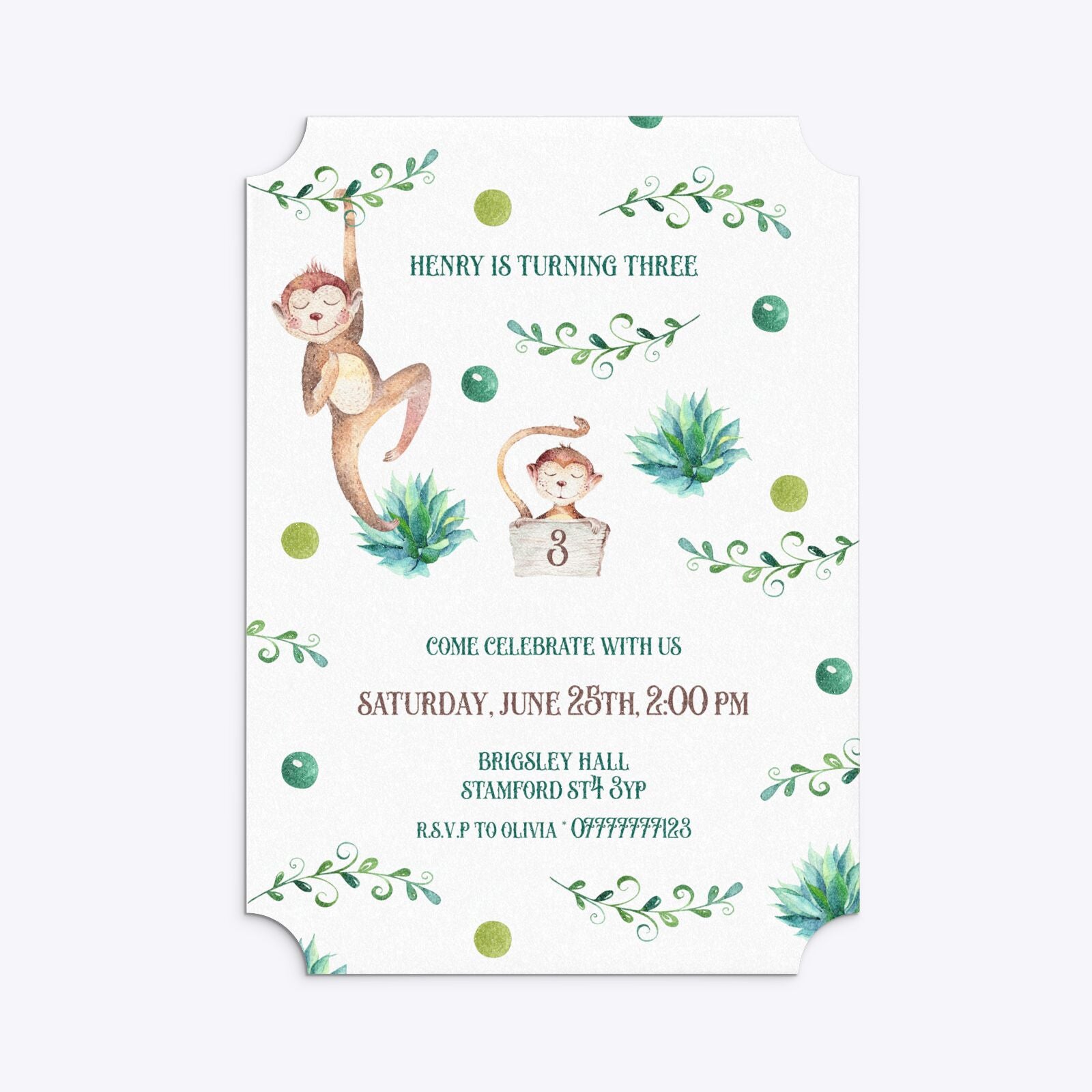 Monkey Personalised Happy Birthday Ticket Invitation Glitter
