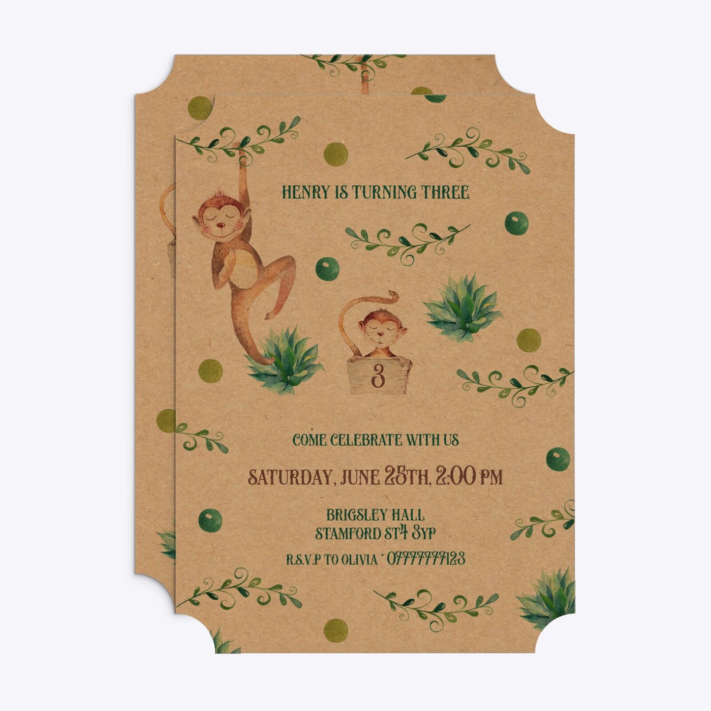 Monkey Personalised Happy Birthday Ticket Invitation Kraft Front and Back Image
