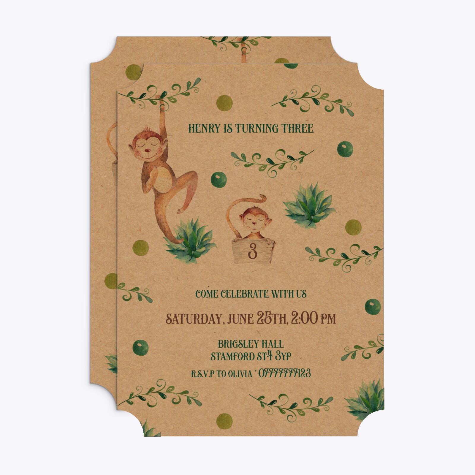 Monkey Personalised Happy Birthday Ticket Invitation Kraft Front and Back Image