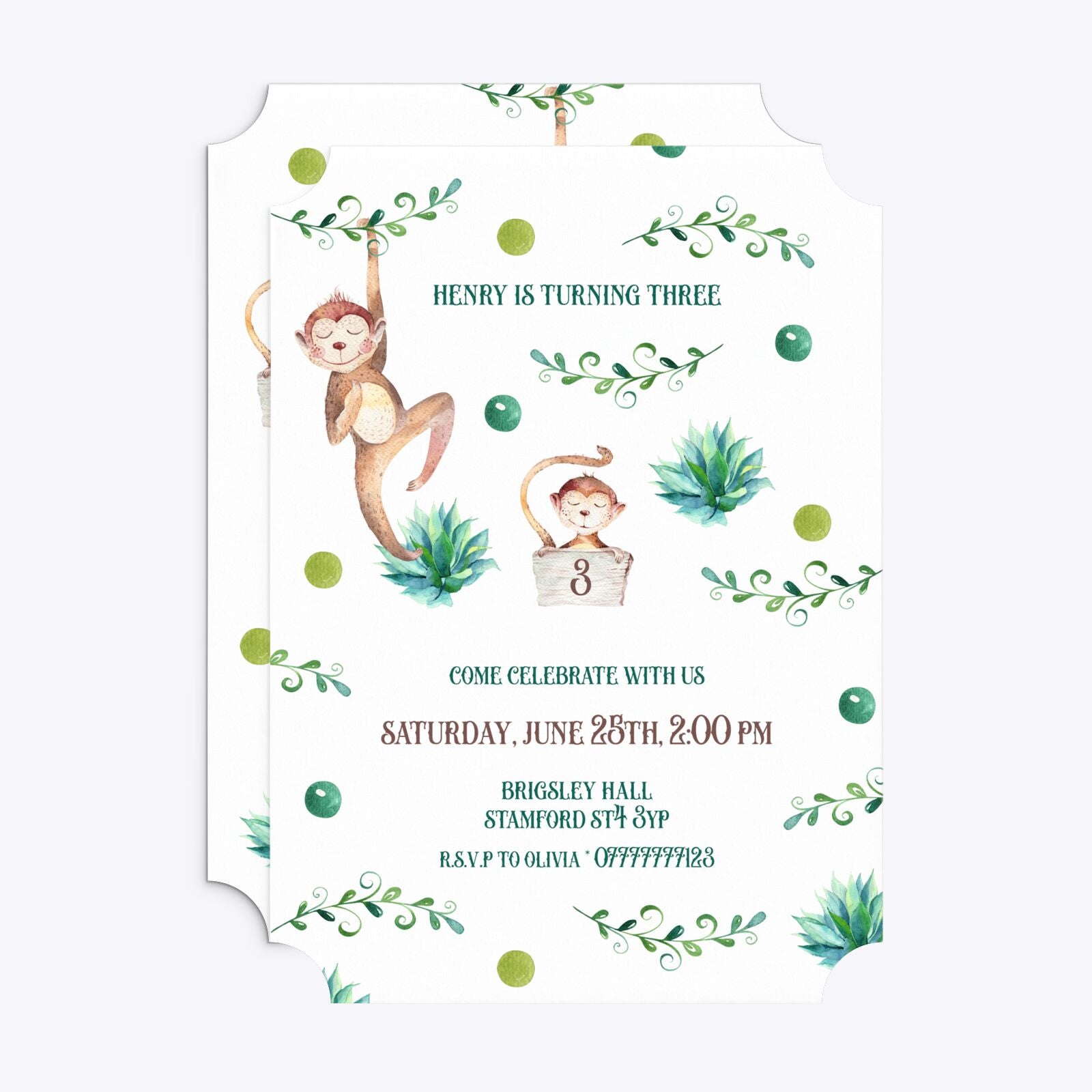 Monkey Personalised Happy Birthday Ticket Invitation Matte Paper Front and Back Image