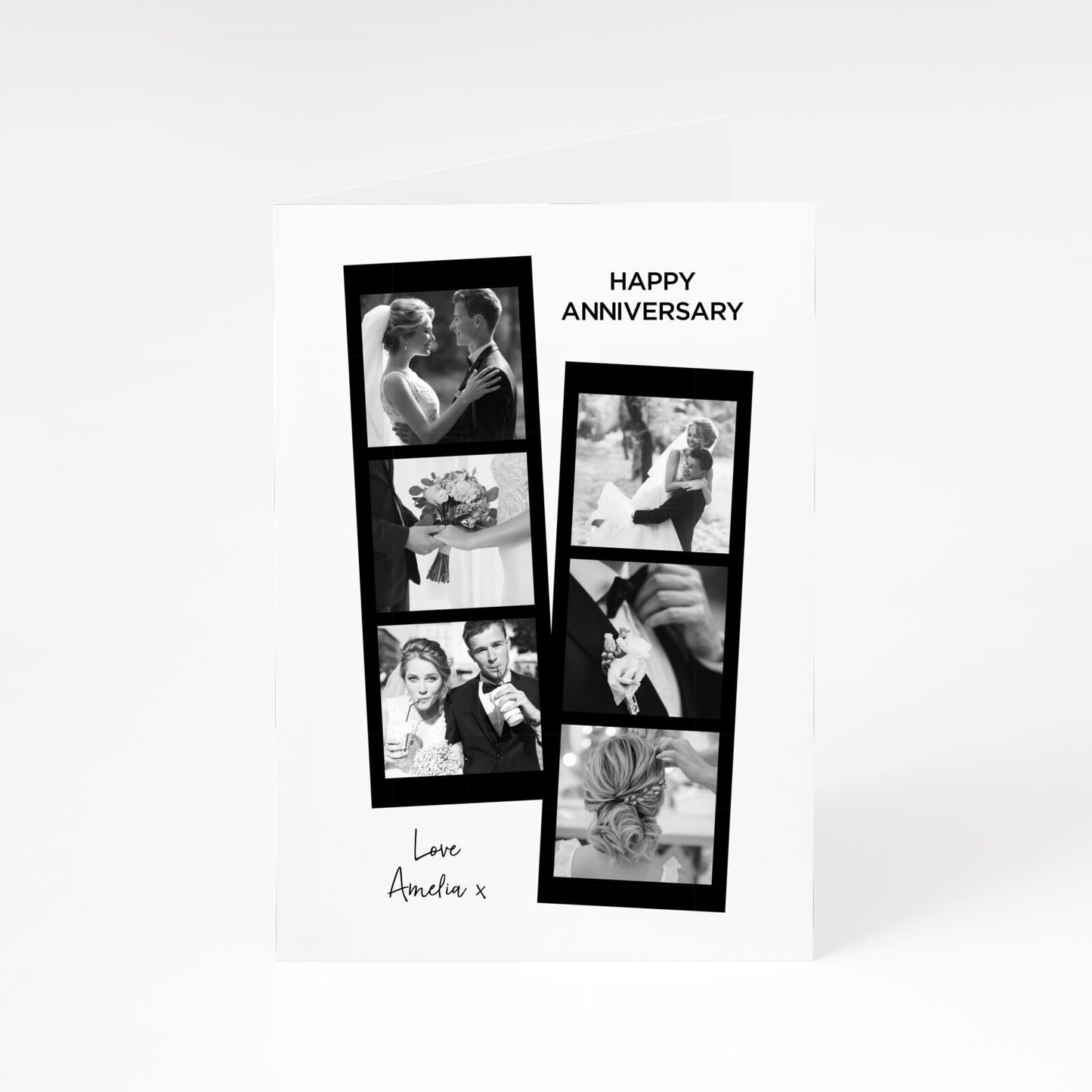 Monochrome Anniversary Photo Strip with Name A5 Greetings Card