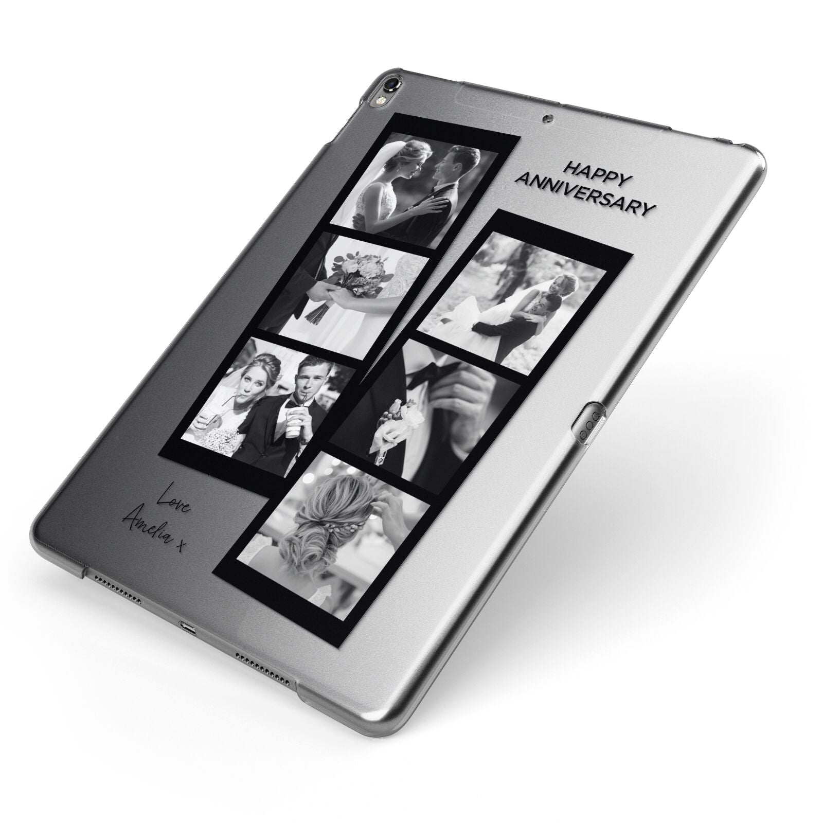 Monochrome Anniversary Photo Strip with Name Apple iPad Case on Grey iPad Side View