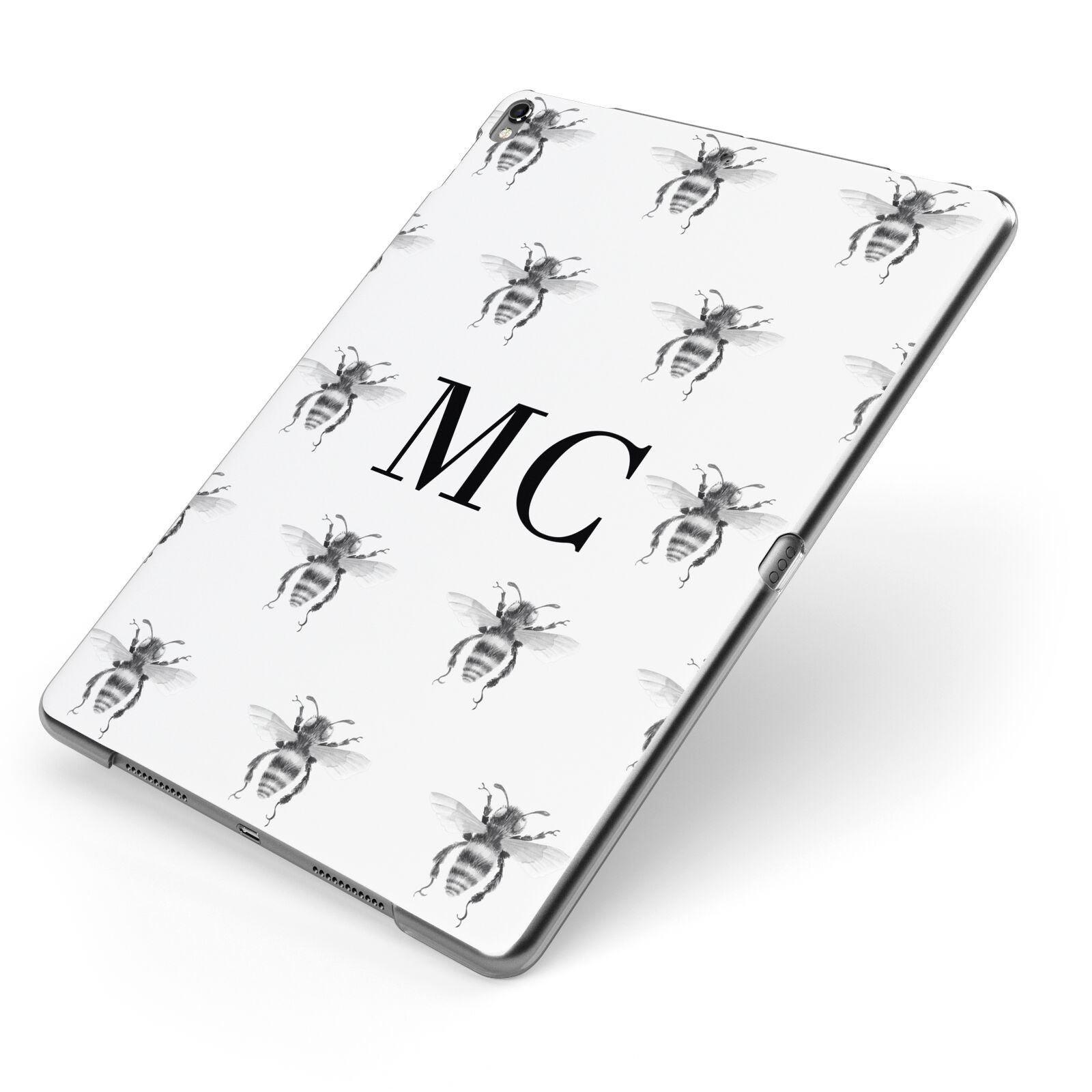 Monochrome Bees with Monogram Apple iPad Case on Grey iPad Side View