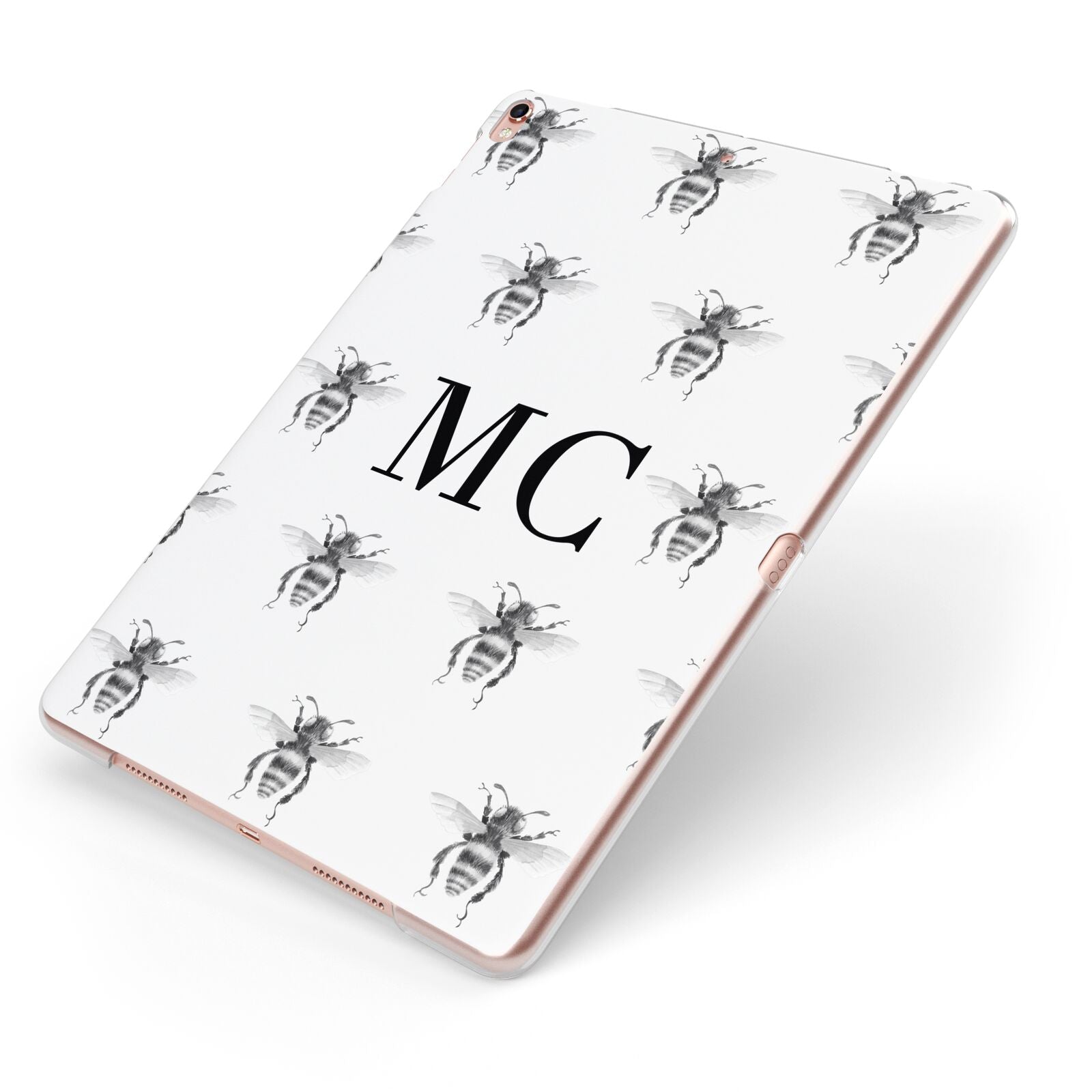 Monochrome Bees with Monogram Apple iPad Case on Rose Gold iPad Side View