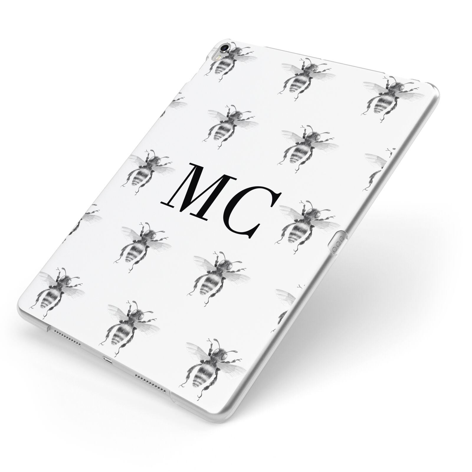 Monochrome Bees with Monogram Apple iPad Case on Silver iPad Side View