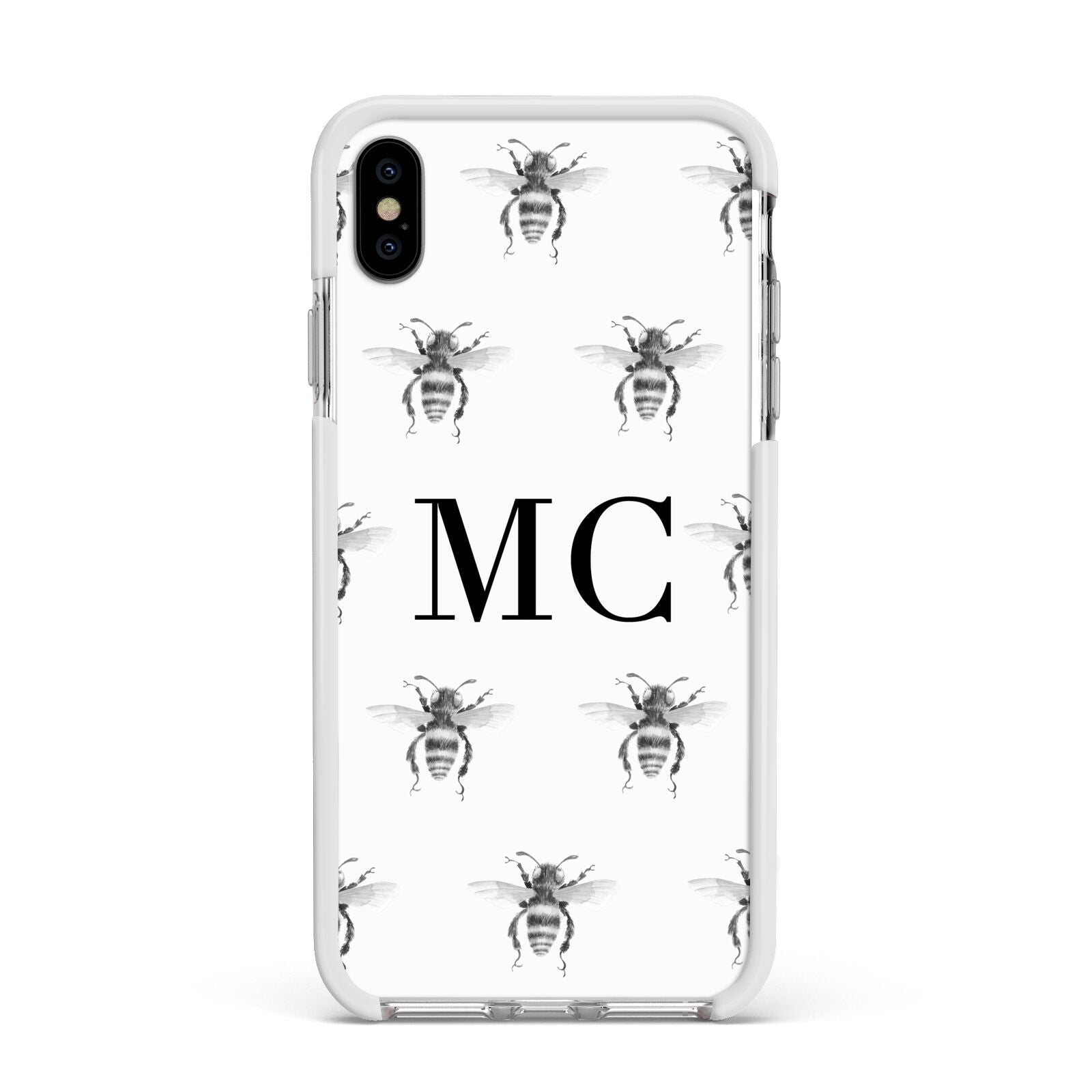 Monochrome Bees with Monogram Apple iPhone Xs Max Impact Case White Edge on Silver Phone