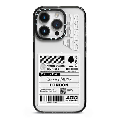 Monochrome Courier Label with Name iPhone 14 Pro Black Impact Case on Silver phone
