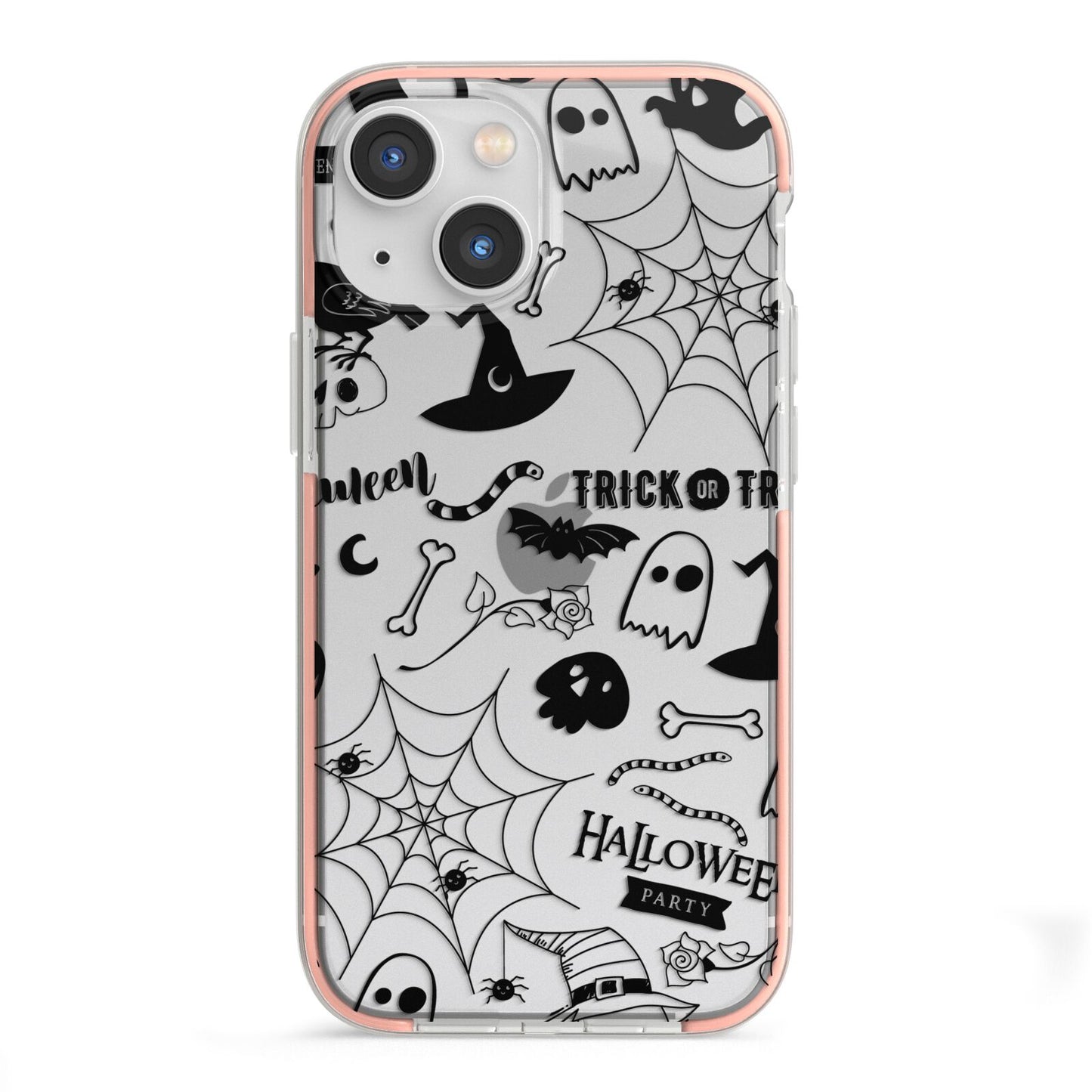 Monochrome Halloween Illustrations iPhone 13 Mini TPU Impact Case with Pink Edges