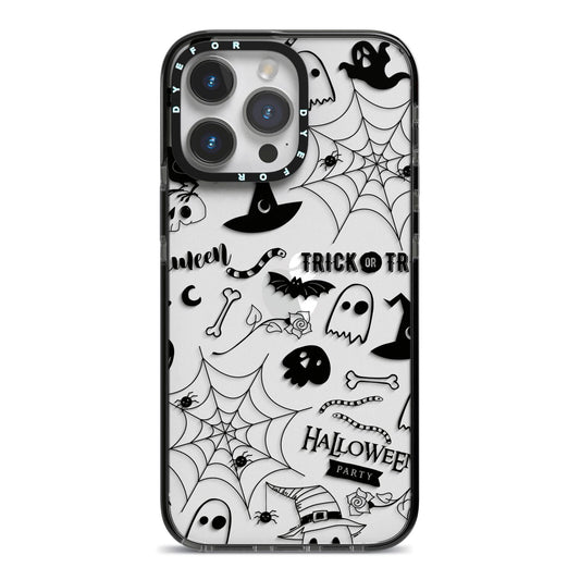 Monochrome Halloween Illustrations iPhone 14 Pro Max Black Impact Case on Silver phone