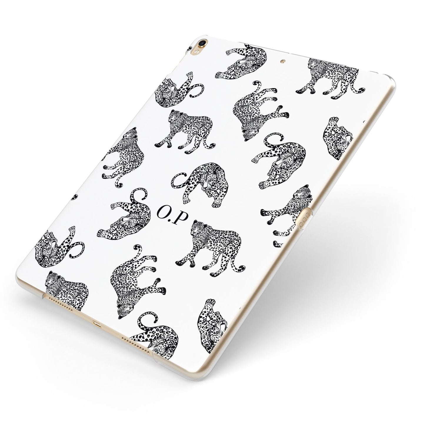 Monochrome Leopard Print Personalised Apple iPad Case on Gold iPad Side View