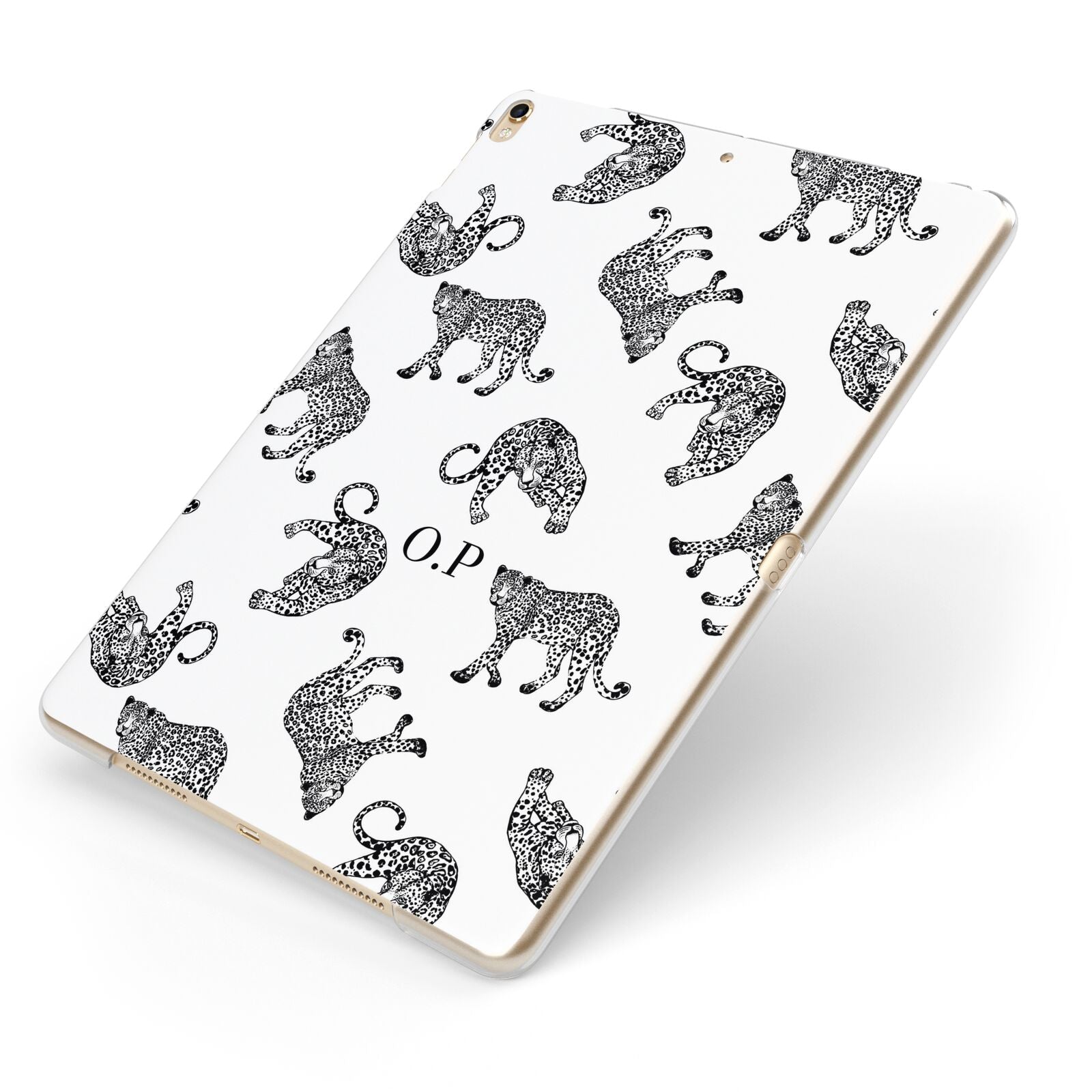 Monochrome Leopard Print Personalised Apple iPad Case on Gold iPad Side View