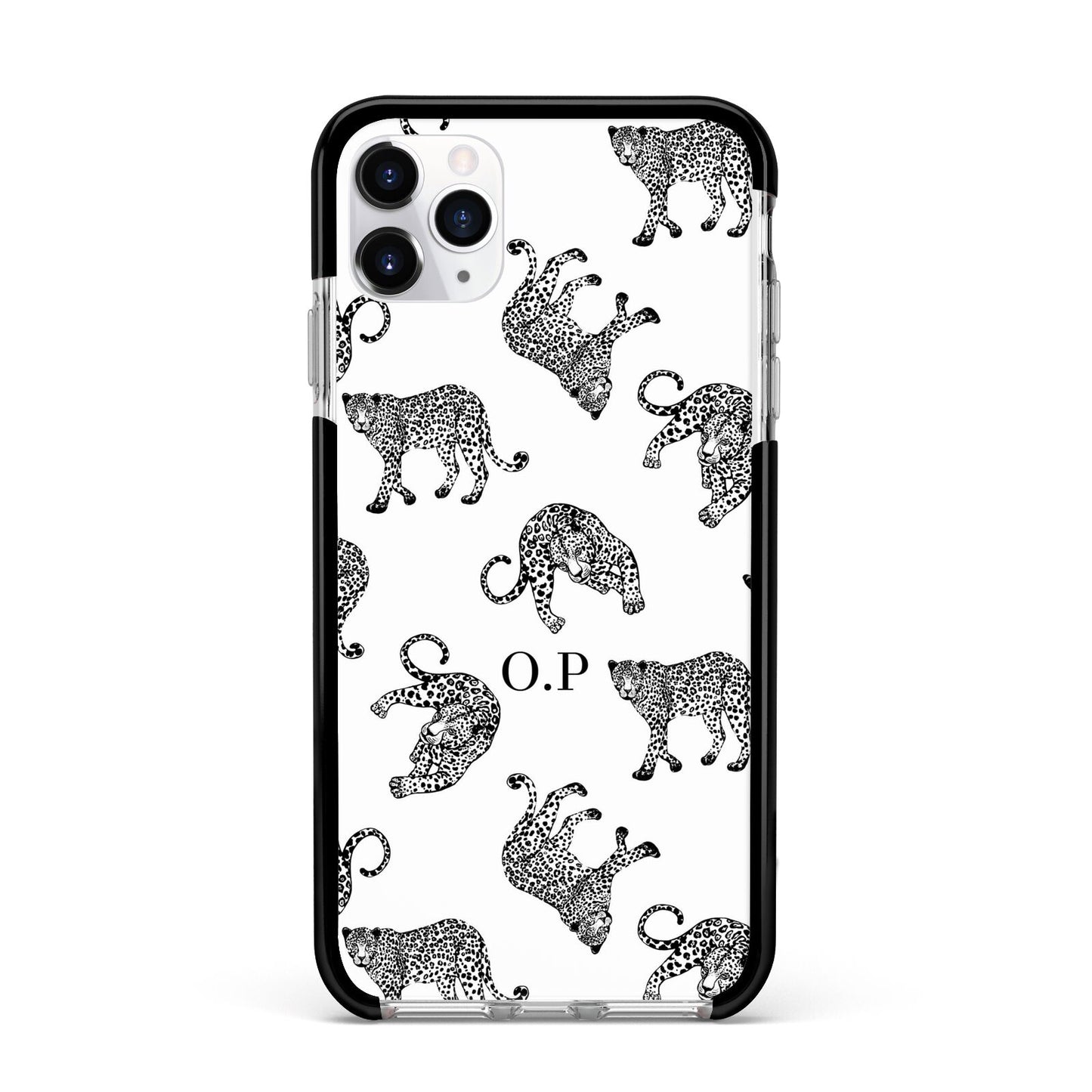 Monochrome Leopard Print Personalised Apple iPhone 11 Pro Max in Silver with Black Impact Case
