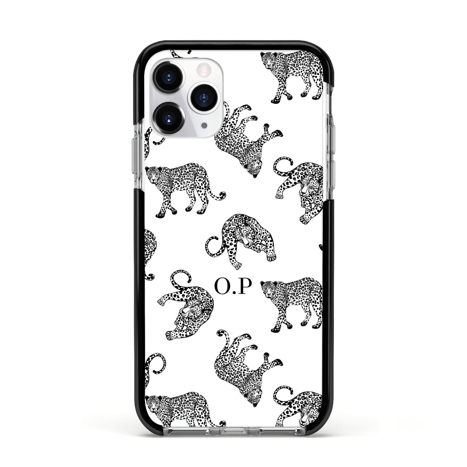 Monochrome Leopard Print Personalised Apple iPhone 11 Pro in Silver with Black Impact Case