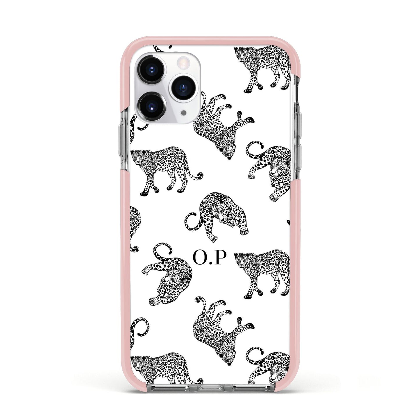 Monochrome Leopard Print Personalised Apple iPhone 11 Pro in Silver with Pink Impact Case