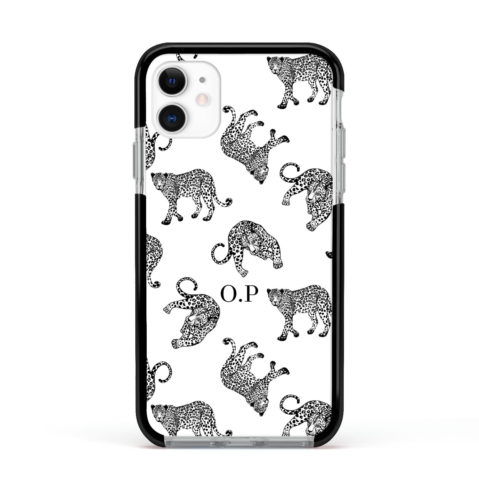 Monochrome Leopard Print Personalised Apple iPhone 11 in White with Black Impact Case