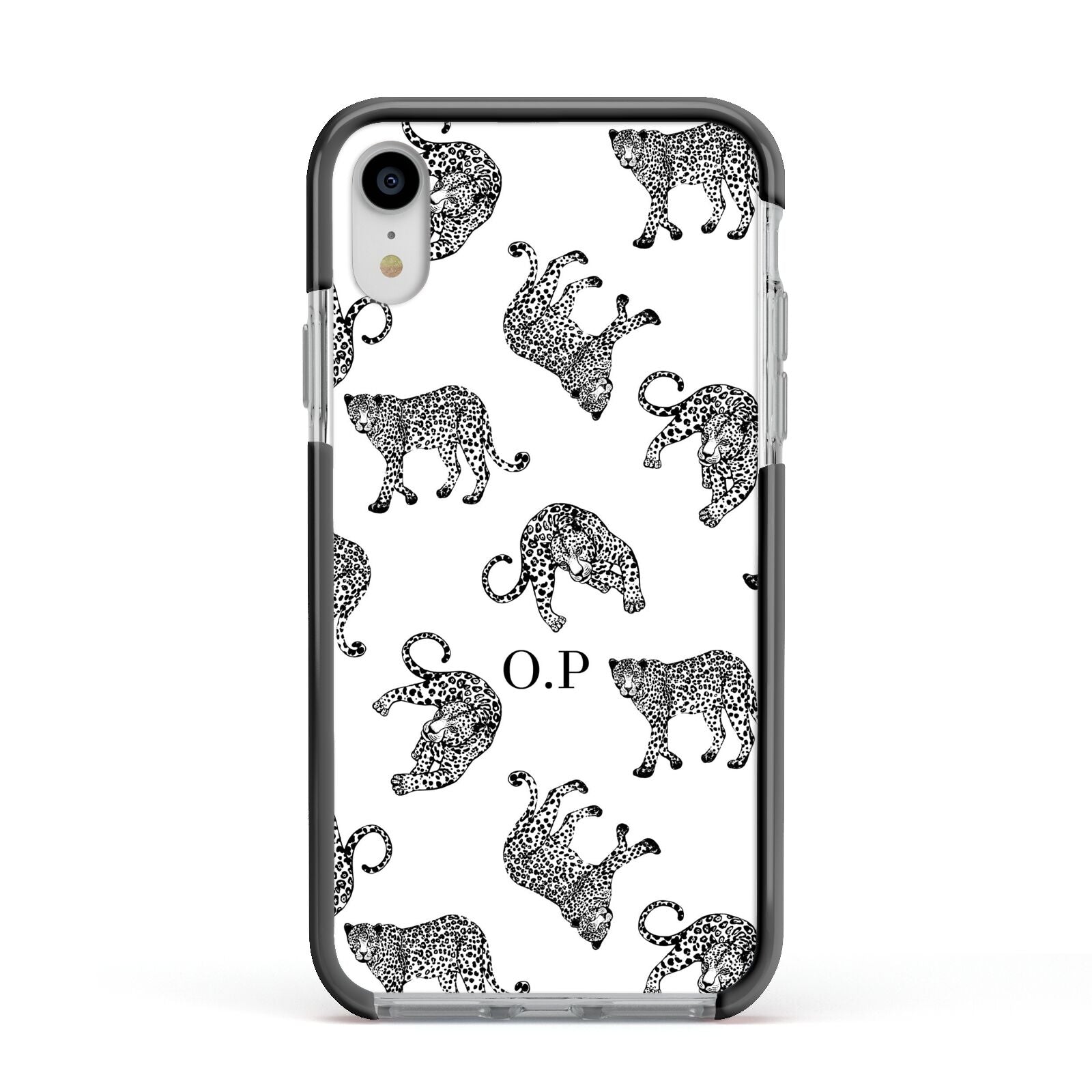 Monochrome Leopard Print Personalised Apple iPhone XR Impact Case Black Edge on Silver Phone