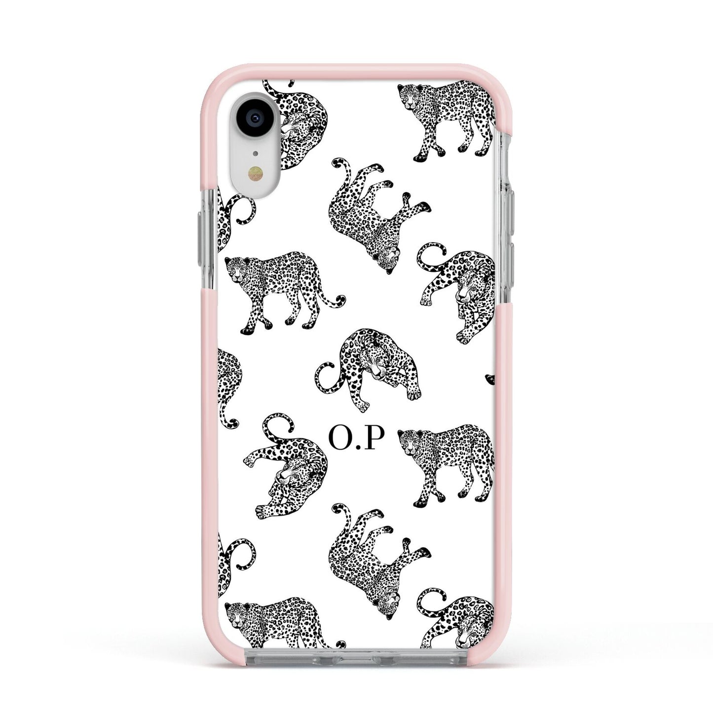 Monochrome Leopard Print Personalised Apple iPhone XR Impact Case Pink Edge on Silver Phone