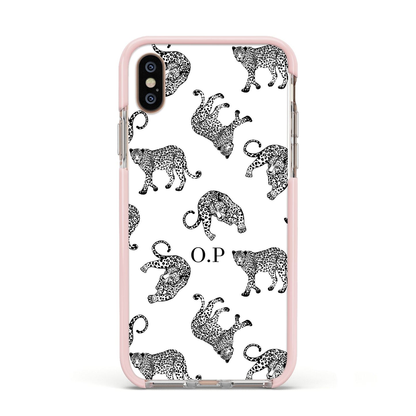 Monochrome Leopard Print Personalised Apple iPhone Xs Impact Case Pink Edge on Gold Phone